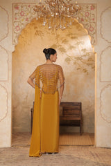 Golden Yellow Crepe Saree wih Embroidered Cape - Designer Reception Wear