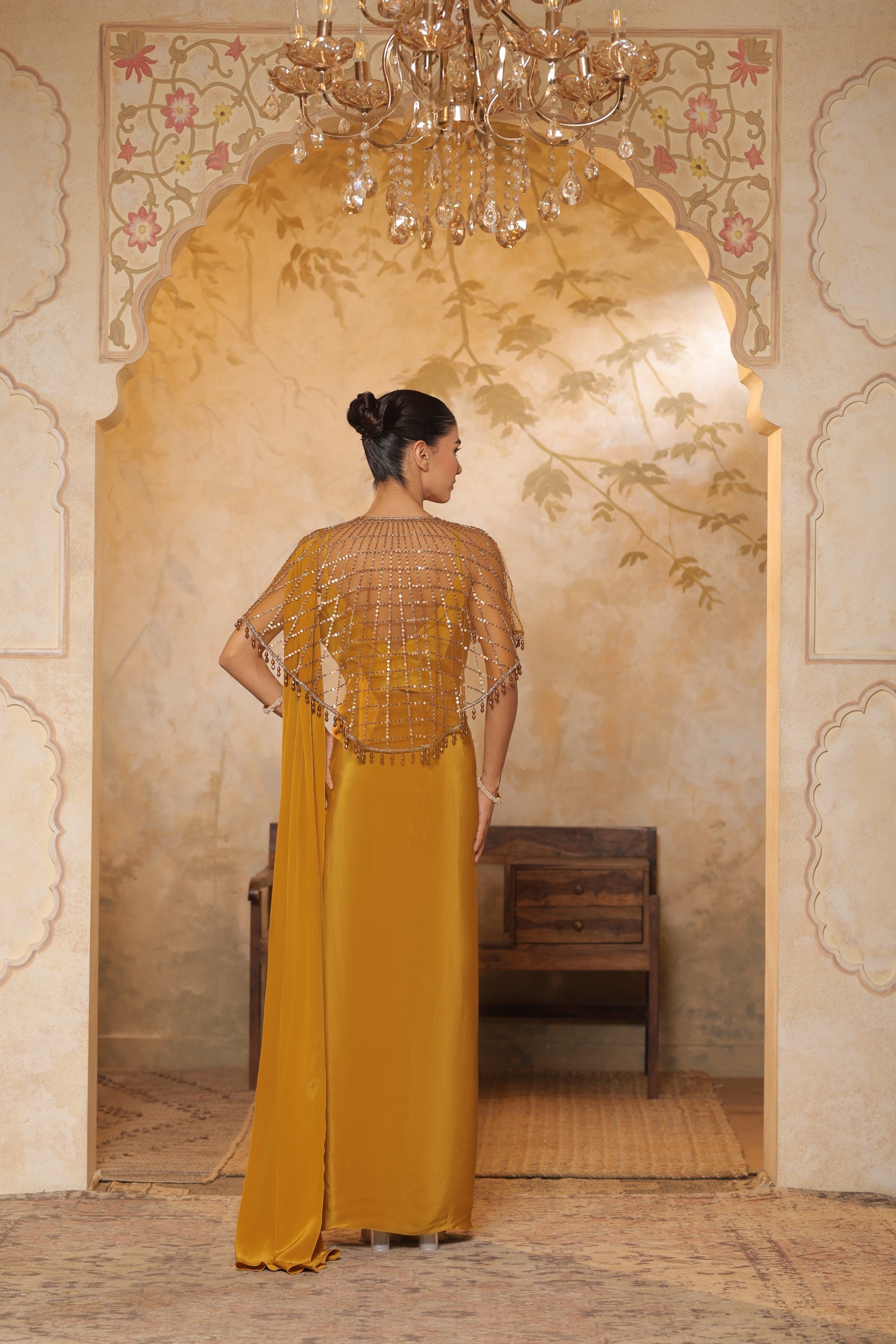 Golden Yellow Crepe Saree wih Embroidered Cape - Designer Reception Wear