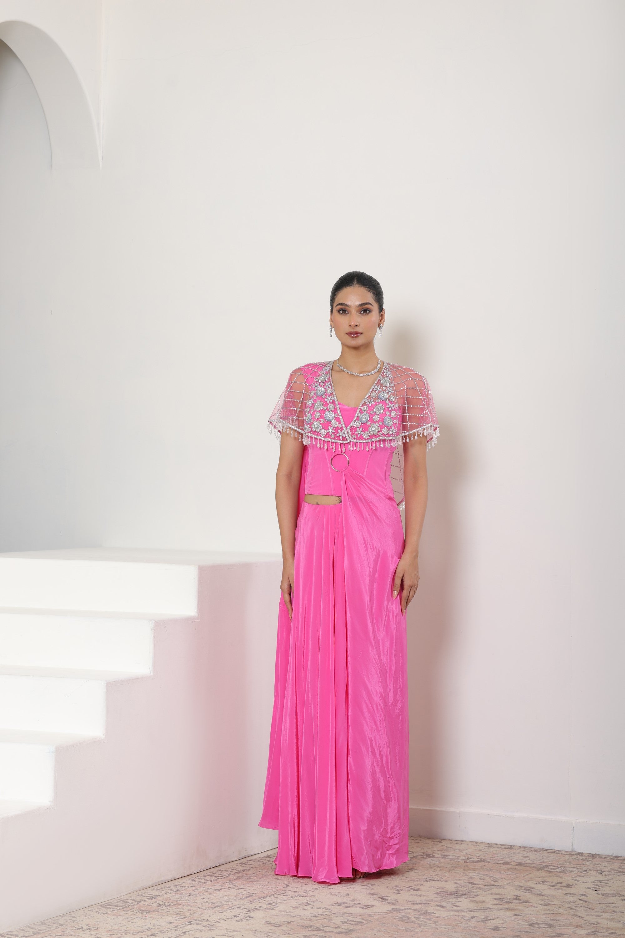 Pink Crepe Saree with Designer Cape - Premium Reception Wear