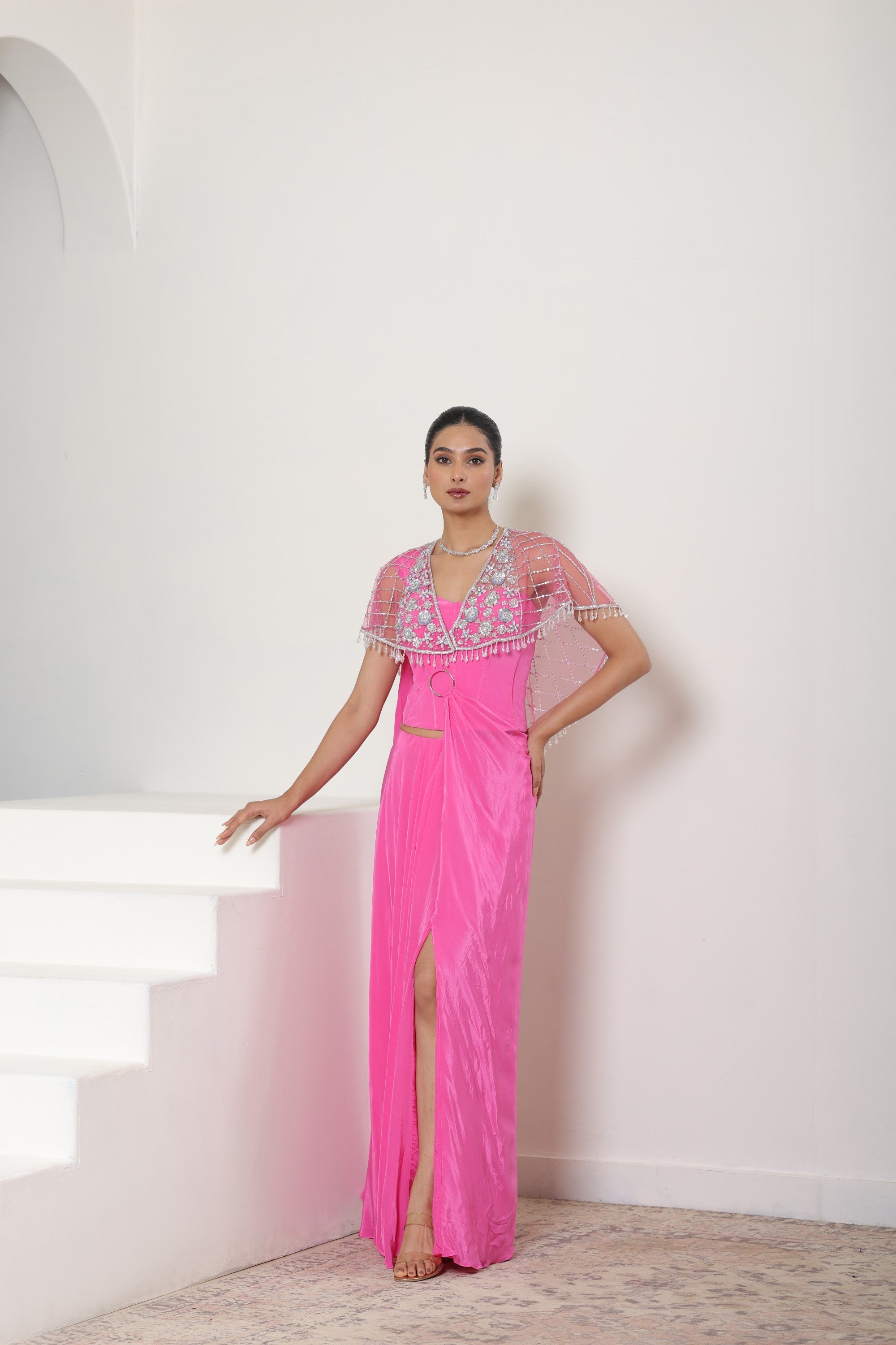 Pink Crepe Saree with Designer Cape - Premium Reception Wear