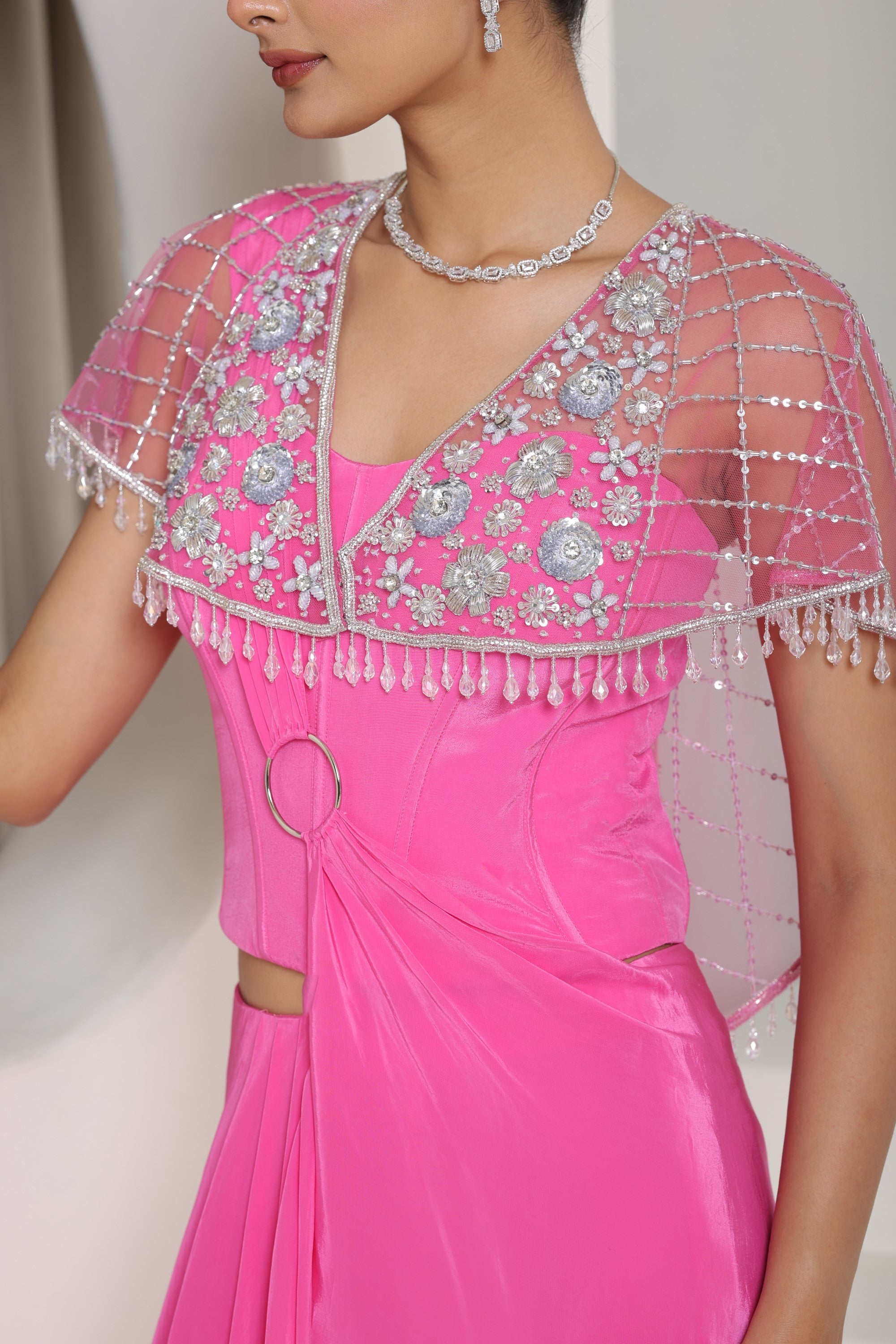 Pink Crepe Saree with Designer Cape - Premium Reception Wear