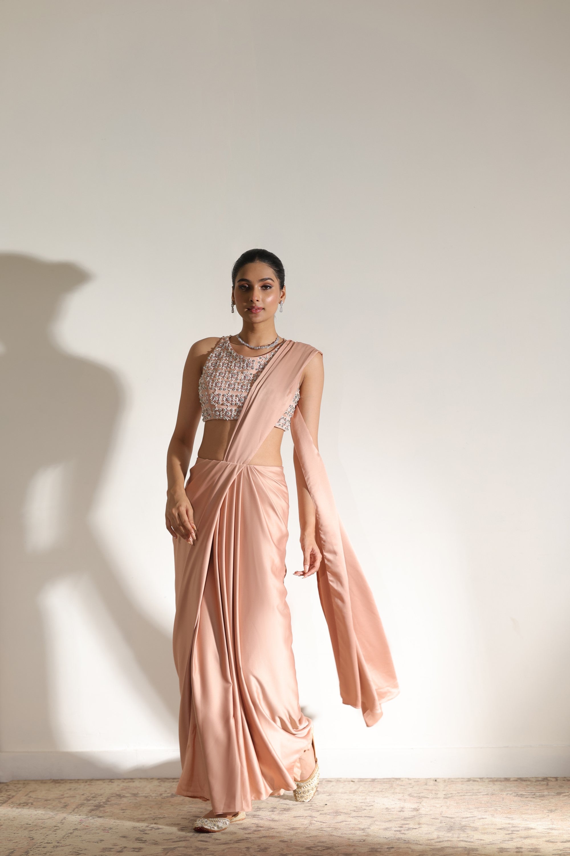 Oat Milk Satin Embroidered Draped Saree - Elegant Cocktail Wear