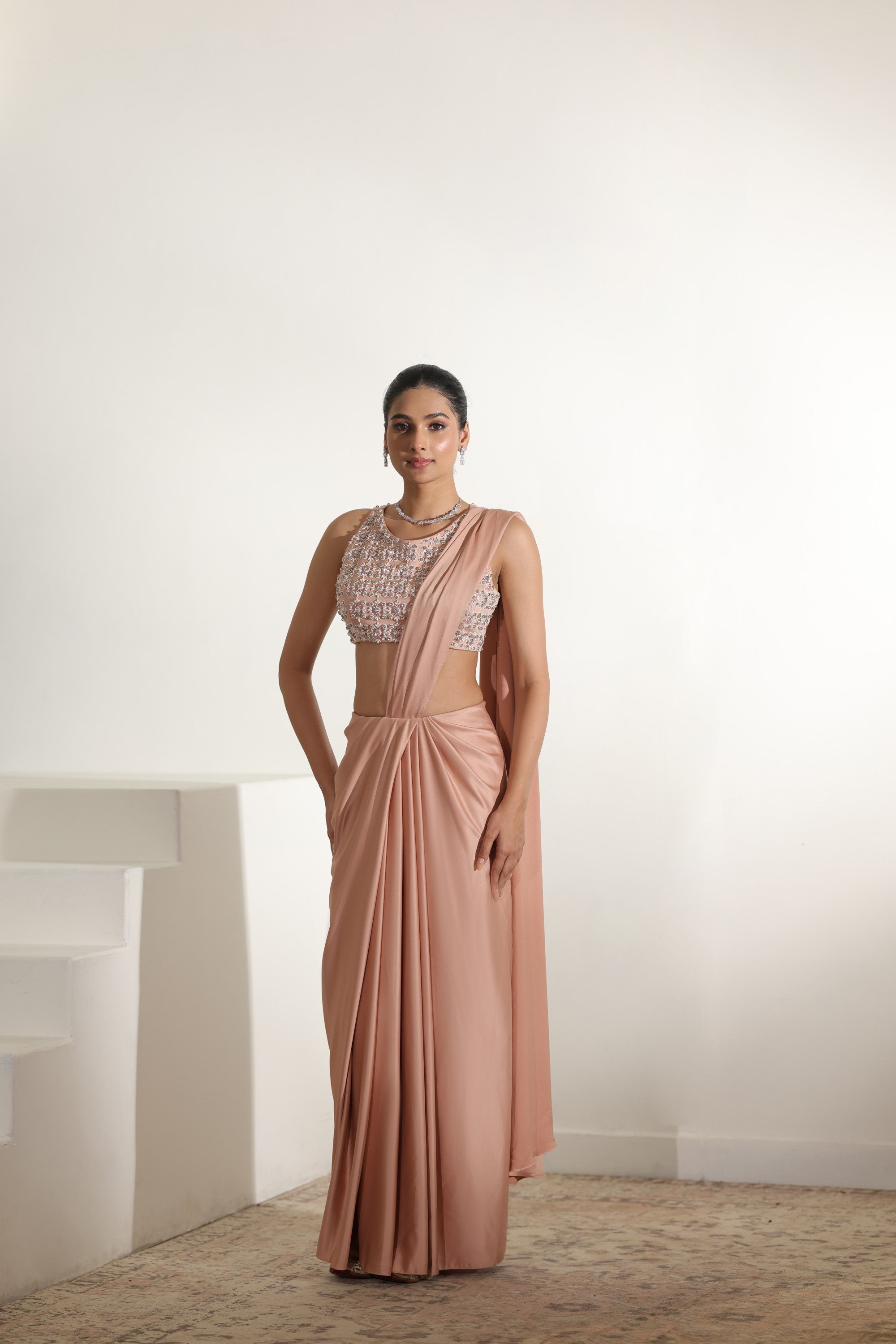 Mocha Mousse Crepe Satin Pre Draped Saree - Elegant Reseption Wear