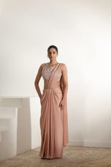 Oat Milk Satin Embroidered Draped Saree - Elegant Cocktail Wear