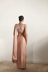 Oat Milk Satin Embroidered Draped Saree - Elegant Cocktail Wear