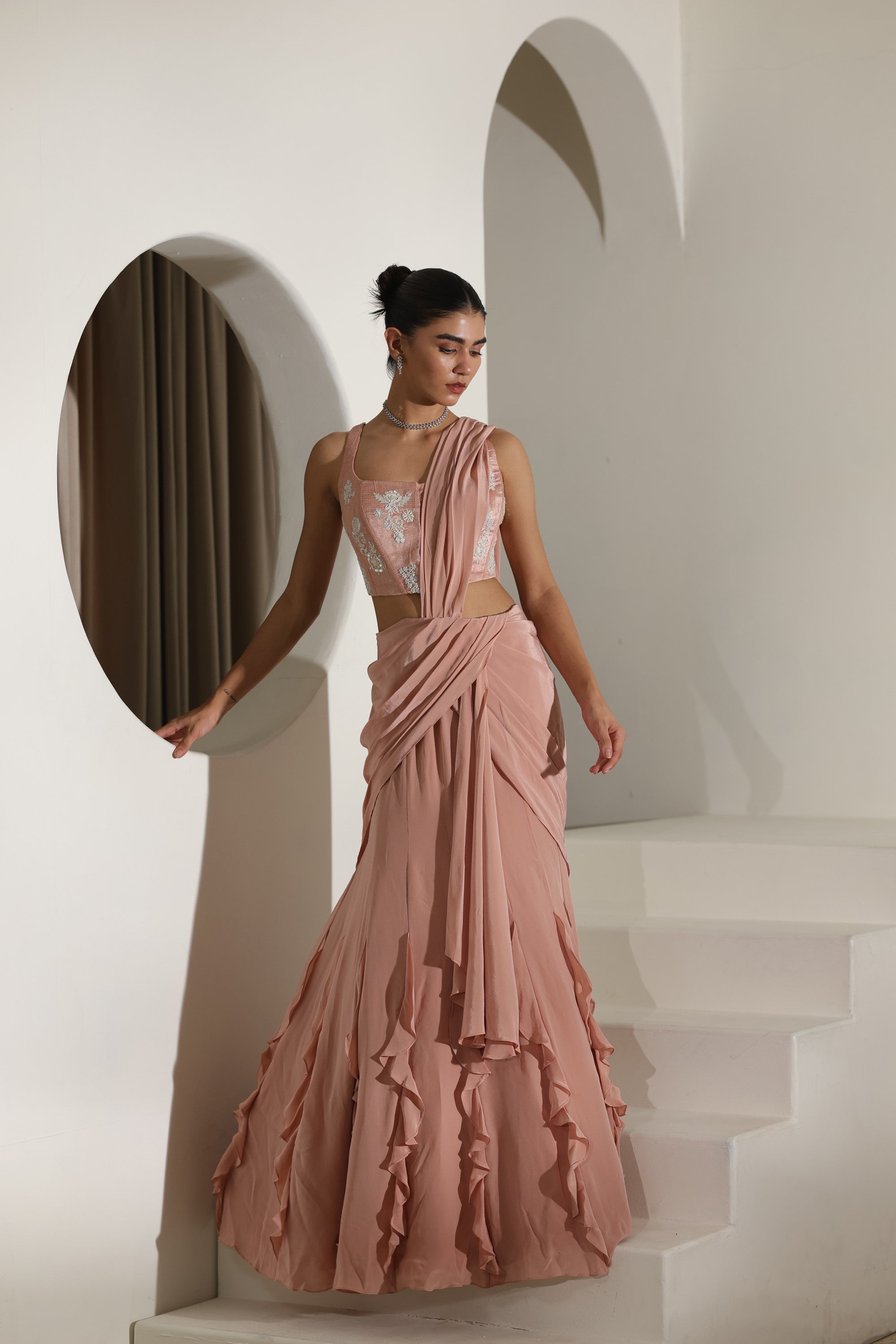 Mocha Mousse Crepe Embroidered Drape Lehenga Saree - Premium Festive Wear