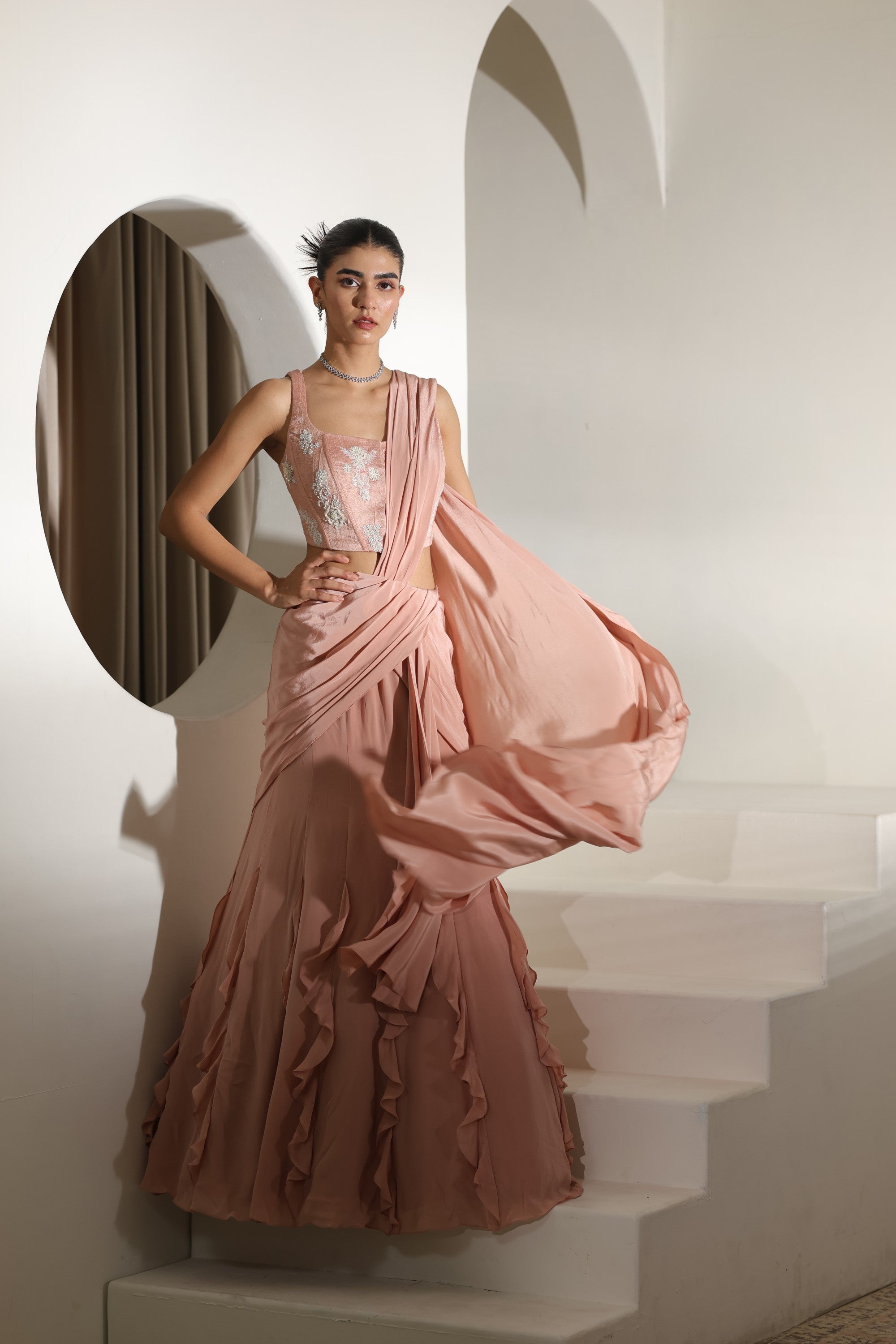 Mocha Mousse Crepe Embroidered Drape Lehenga Saree - Premium Festive Wear