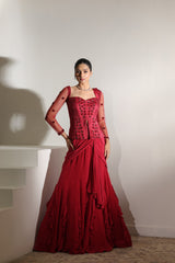 Burgundy Raw Silk & Crepe Embroided Coreset Saree - Premium Designer Wear