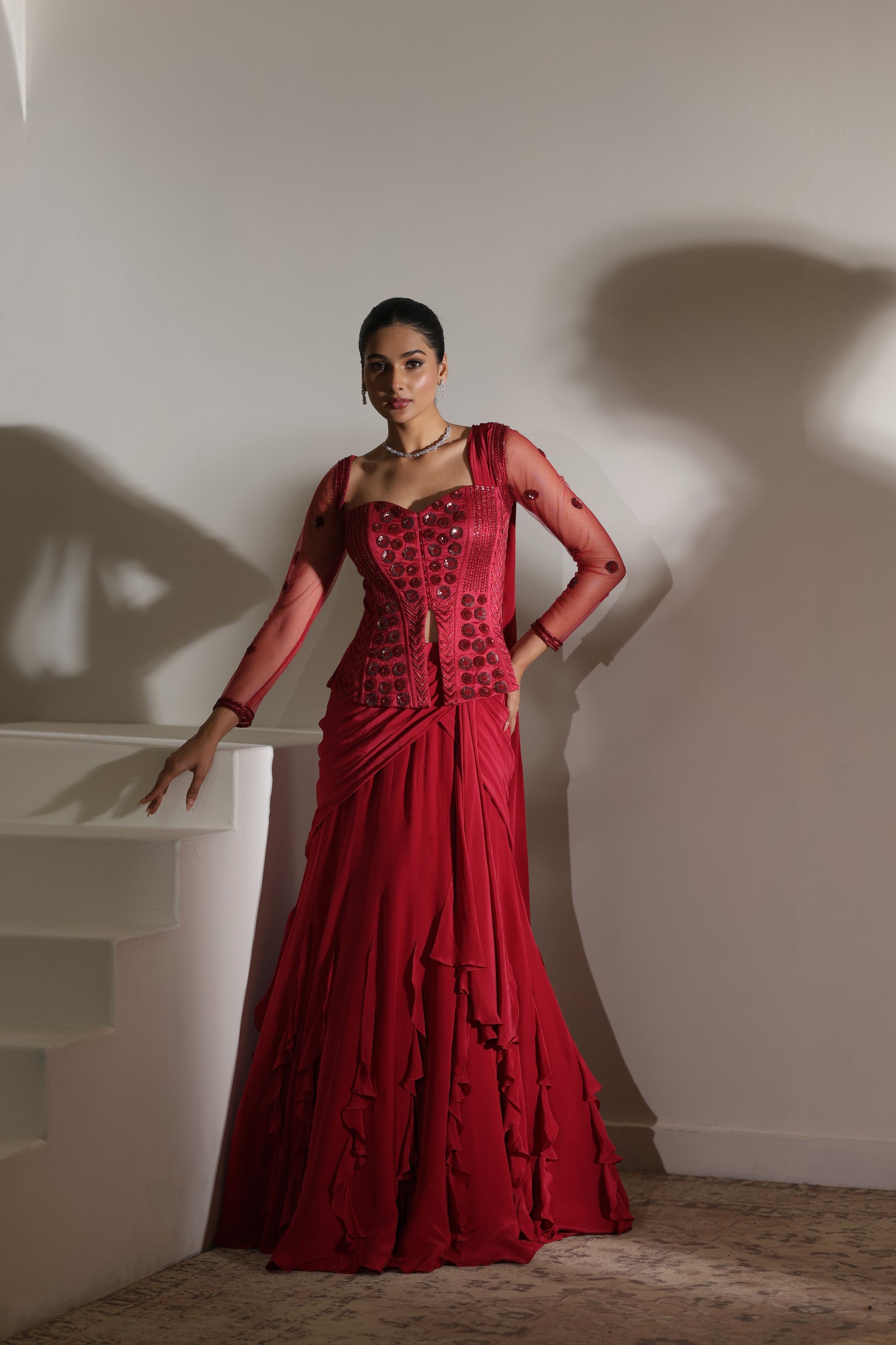 Burgundy Raw Silk & Crepe Embroided Coreset Saree - Premium Designer Wear