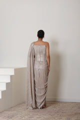 Champagne Pre Draped Metallic  Lycra Crepe Saree – Designer Cocktail Wear