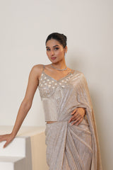 Champagne Pre Draped Metallic  Lycra Crepe Saree – Designer Cocktail Wear