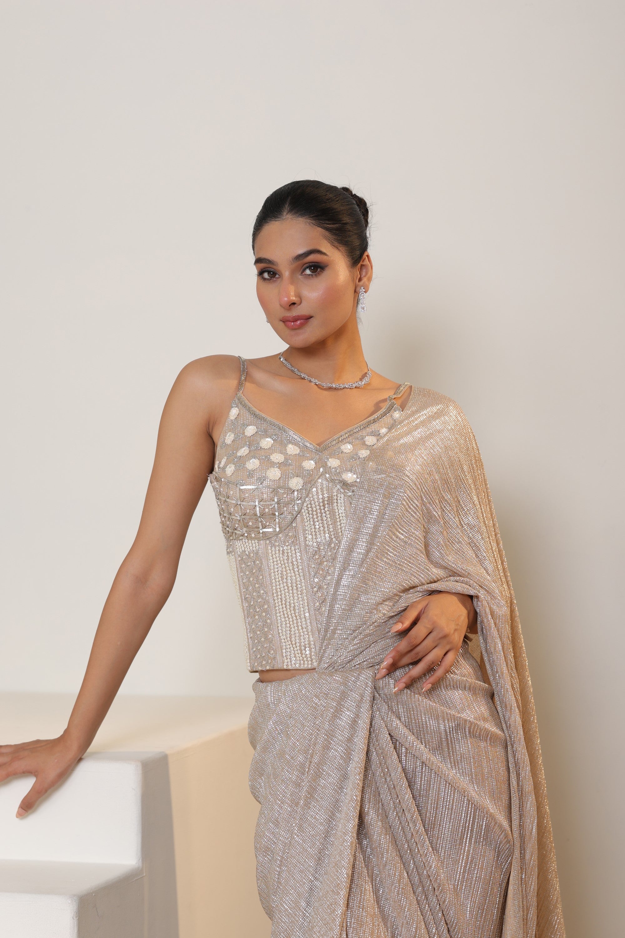 Champagne Pre Draped Metallic  Lycra Crepe Saree – Designer Cocktail Wear