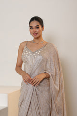 Champagne Pre Draped Metallic  Lycra Crepe Saree – Designer Cocktail Wear