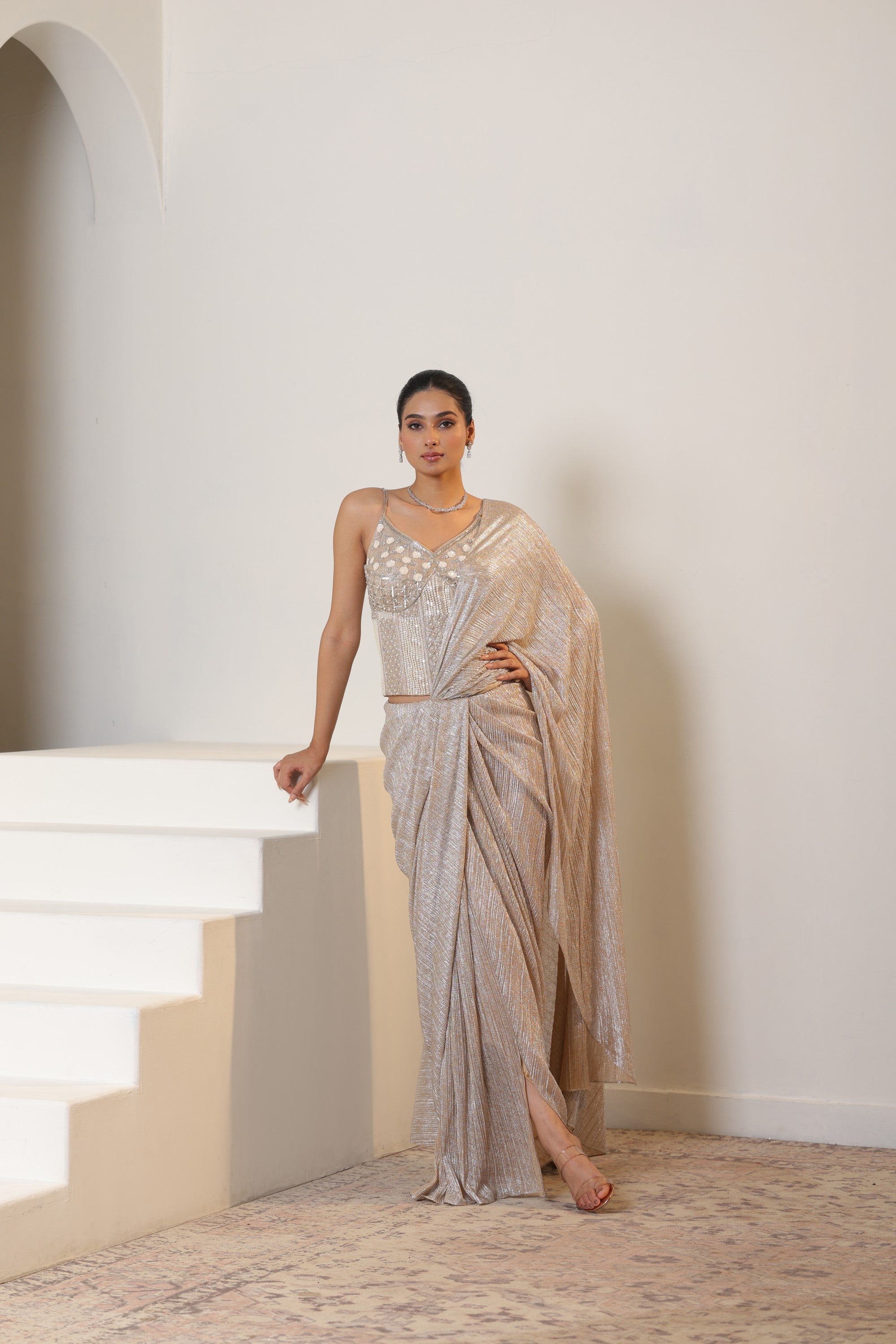 Champagne Pre Draped Metallic  Lycra Crepe Saree – Designer Cocktail Wear