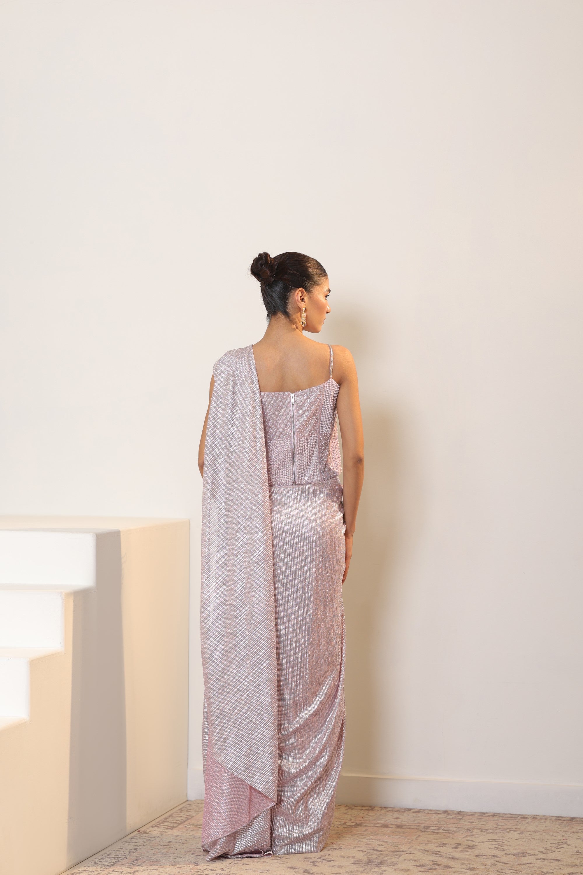 Pink Metallic  Lycra Crepe Saree - Premium Reseption Wear