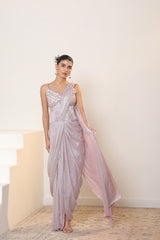 Pink Metallic  Lycra Crepe Saree - Premium Reseption Wear