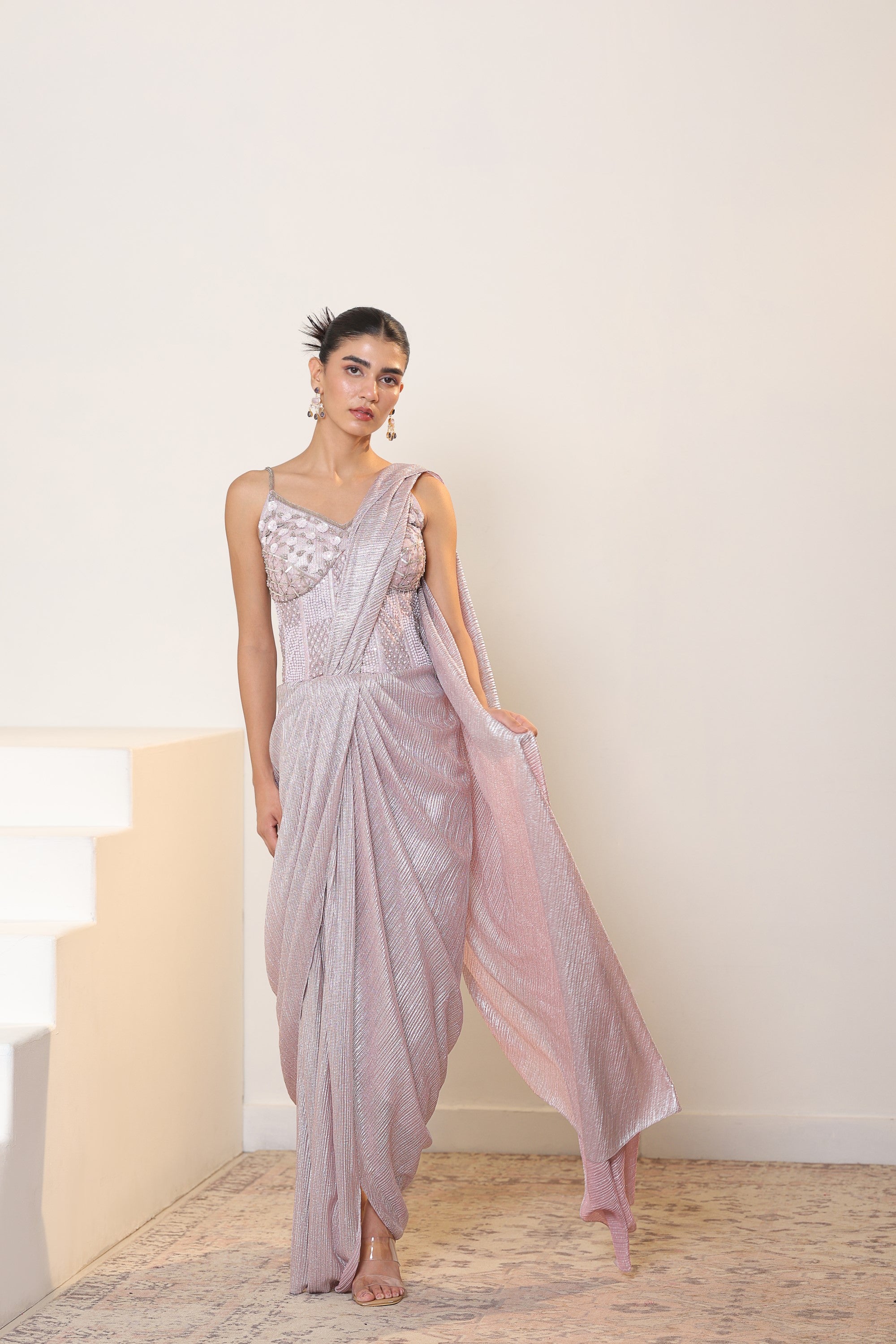 Pink Metallic  Lycra Crepe Saree - Premium Reseption Wear