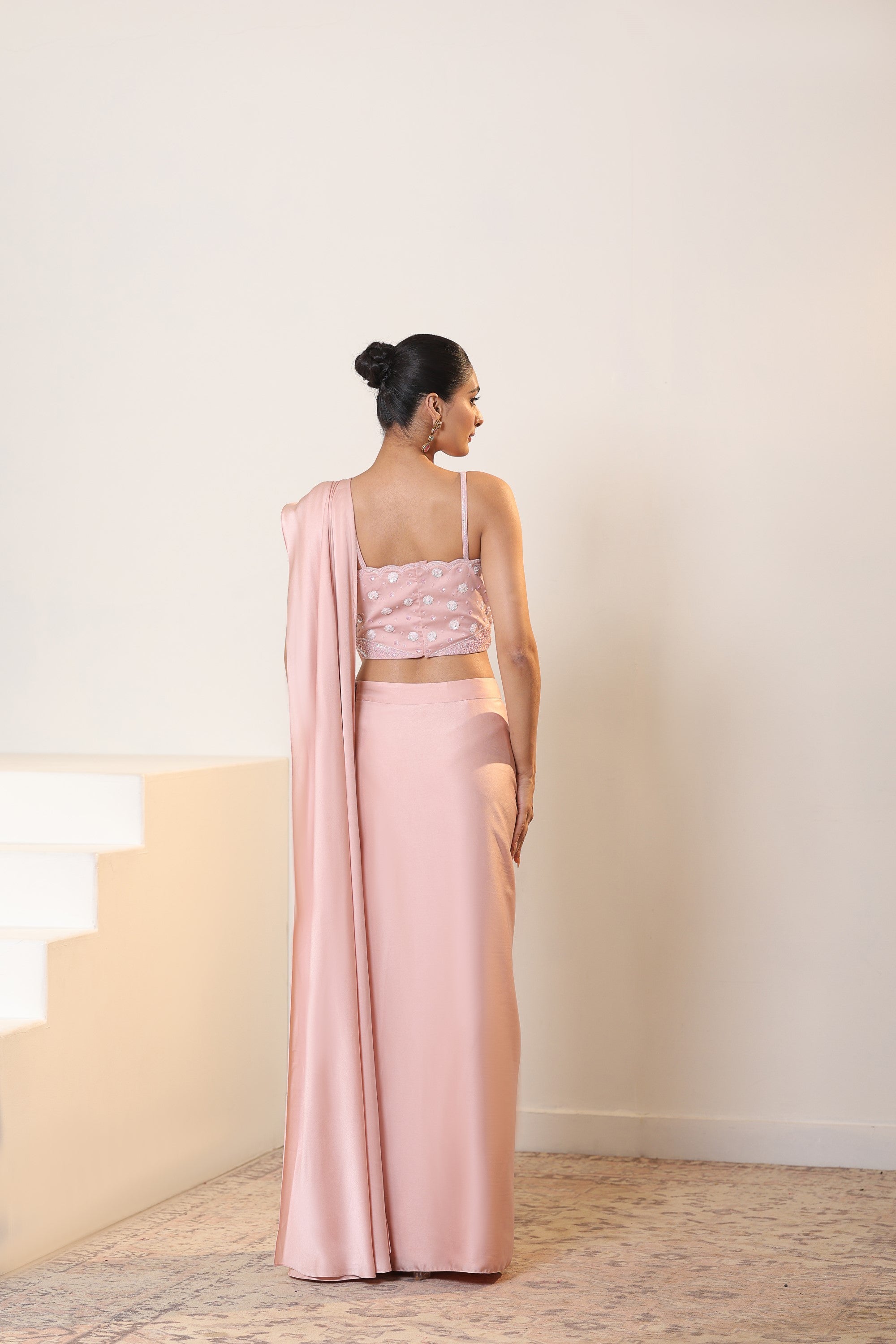 Pale Dogwood Lycra Indo Western Saree - Elegant Wedding Wear