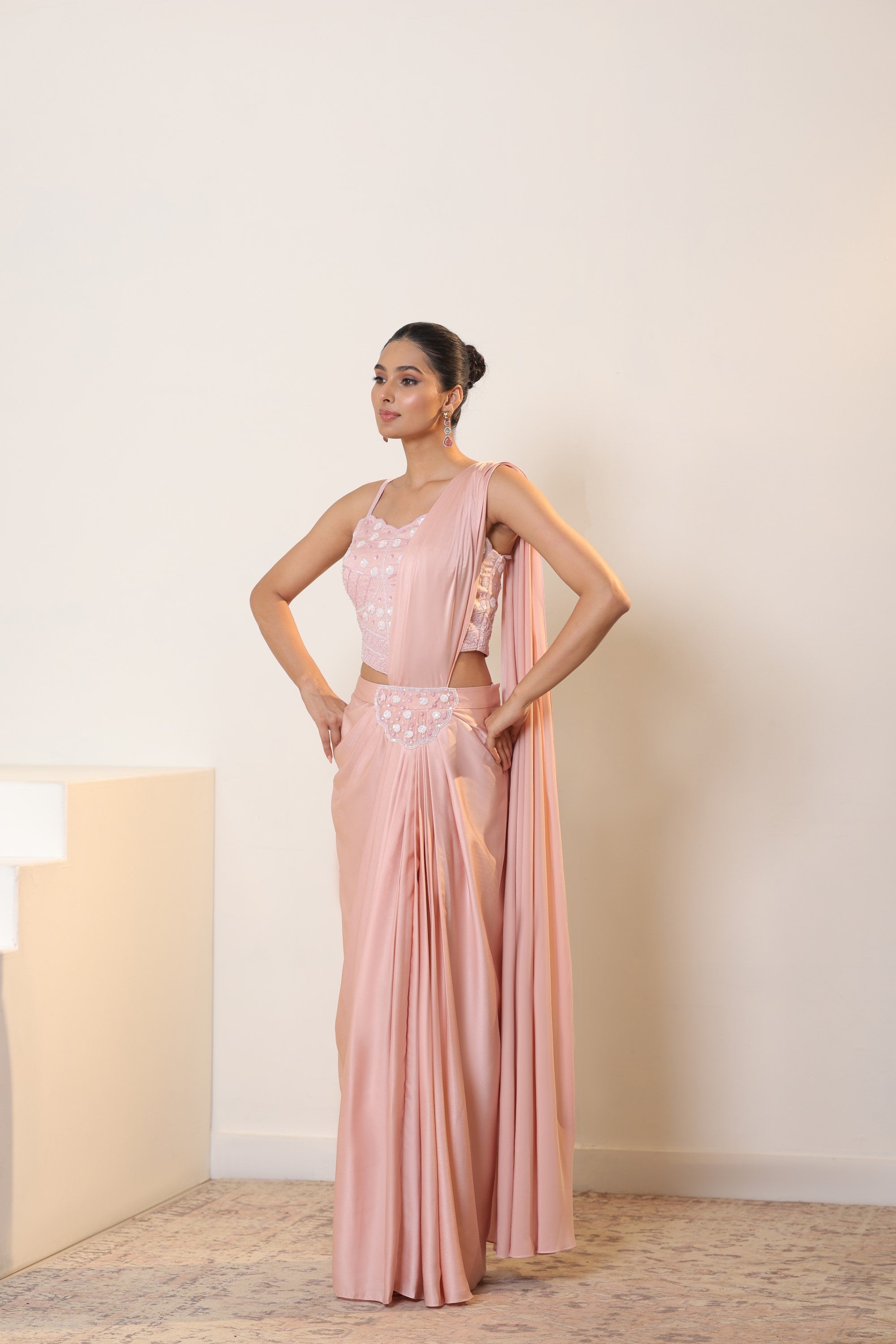 Pale Dogwood Lycra Indo Western Saree - Elegant Wedding Wear