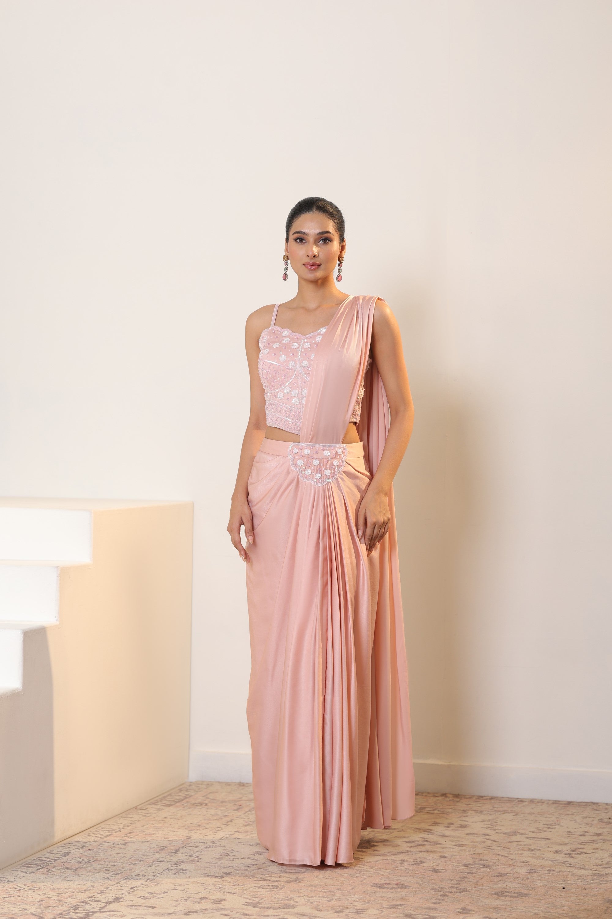 Pale Dogwood Lycra Indo Western Saree - Elegant Wedding Wear