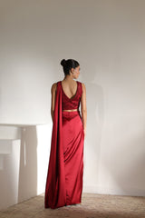 Maroon Satin Embroidered Draped Saree - Elegant Wedding Wear
