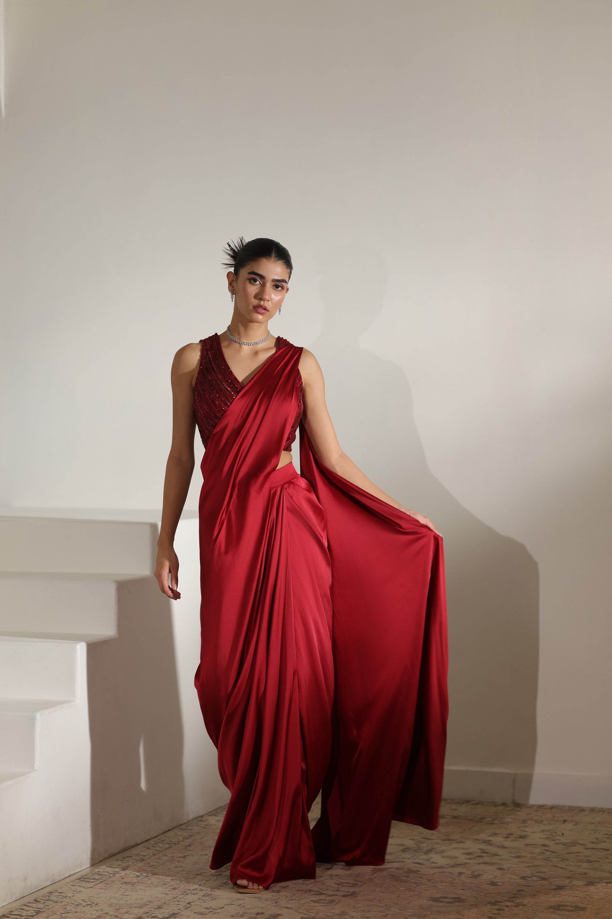 Maroon Satin Embroidered Draped Saree - Elegant Wedding Wear