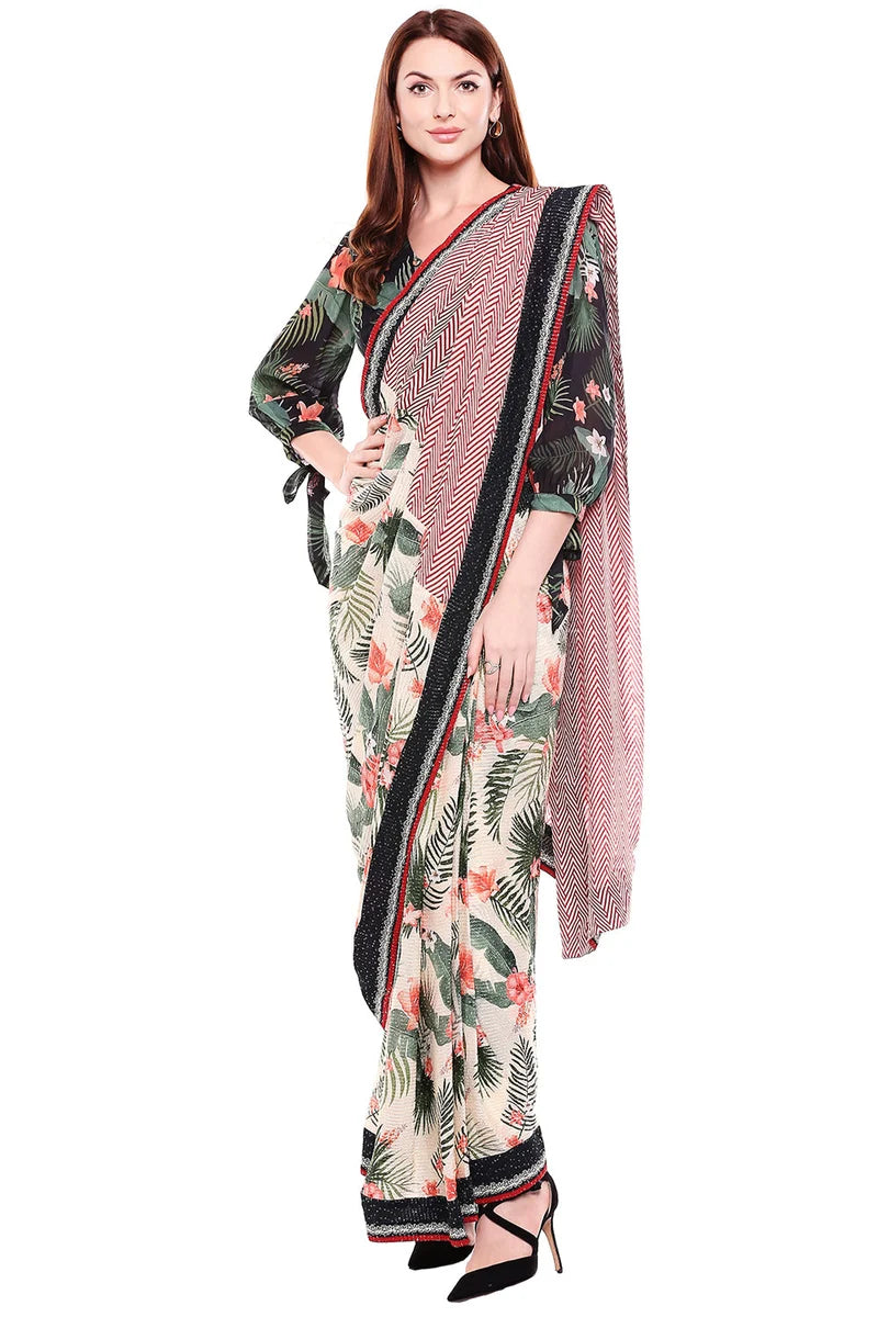 TROPICAL PRINTED SAREE SET