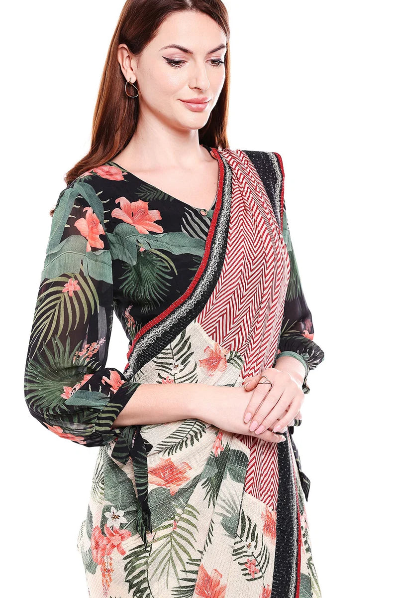 TROPICAL PRINTED SAREE SET