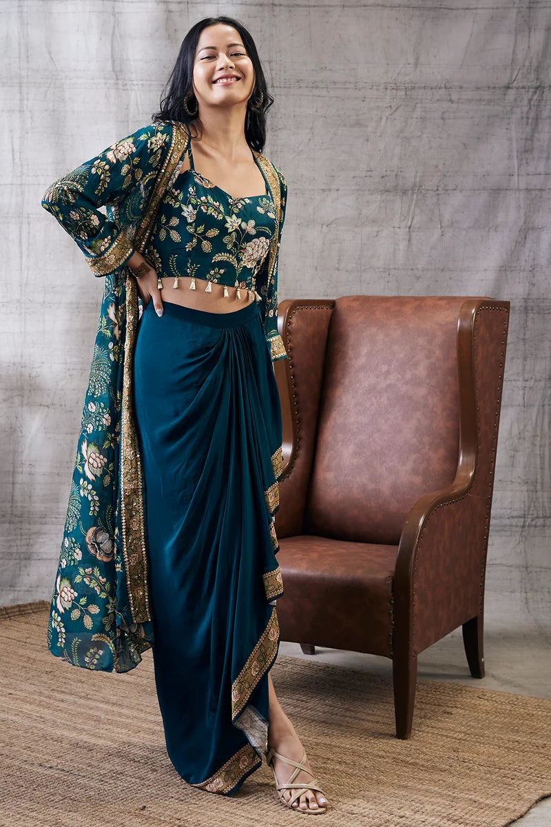 MEHR PRINTED DRAPE SKIRT SET WITH JACKET
