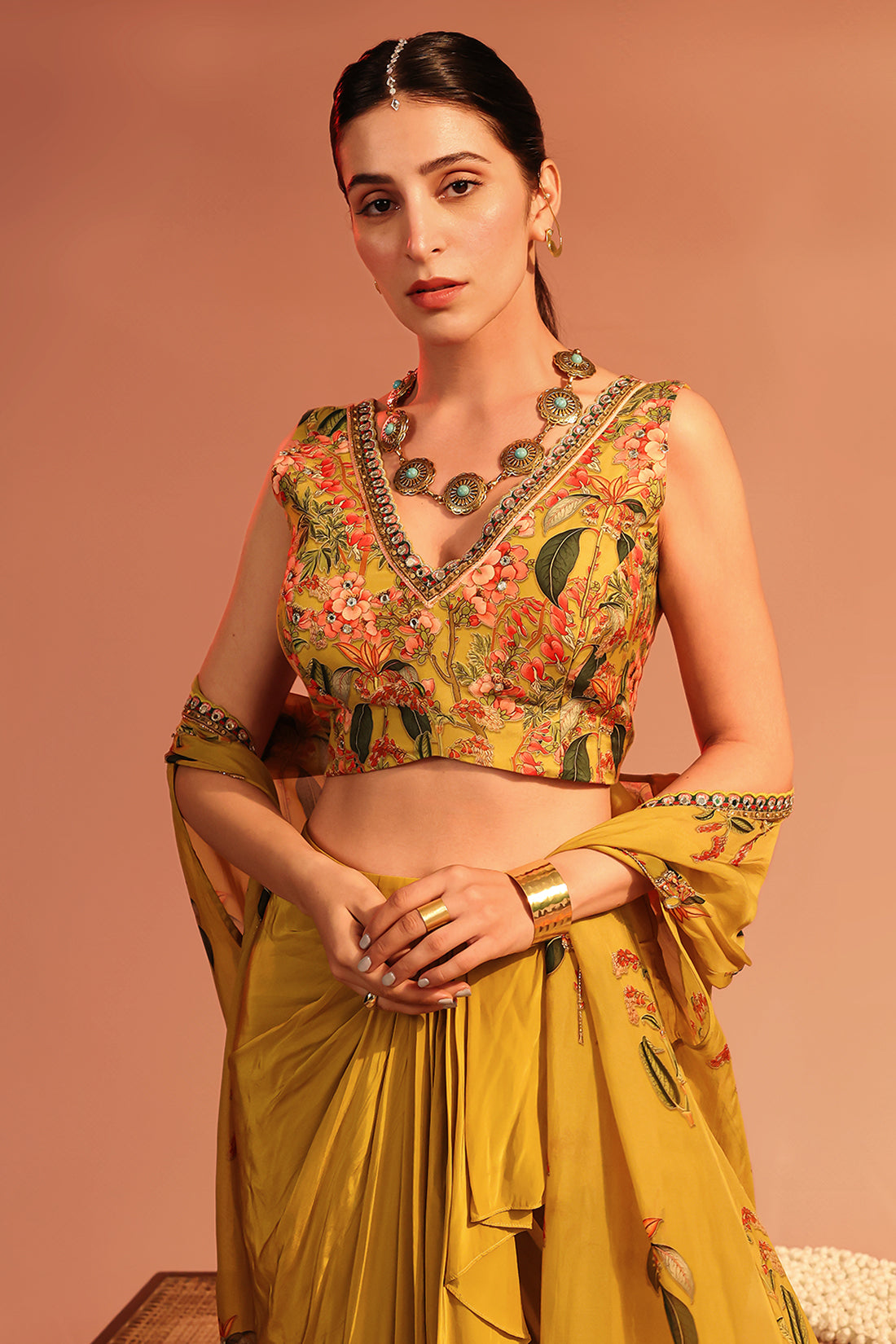 Tamaya Embellished Drape Skirt Set with Cape