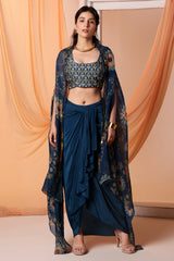Eraya Embellished Drape Skirt Set with Cape