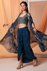 Eraya Embellished Drape Skirt Set with Cape