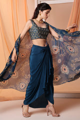 Eraya Embellished Drape Skirt Set with Cape