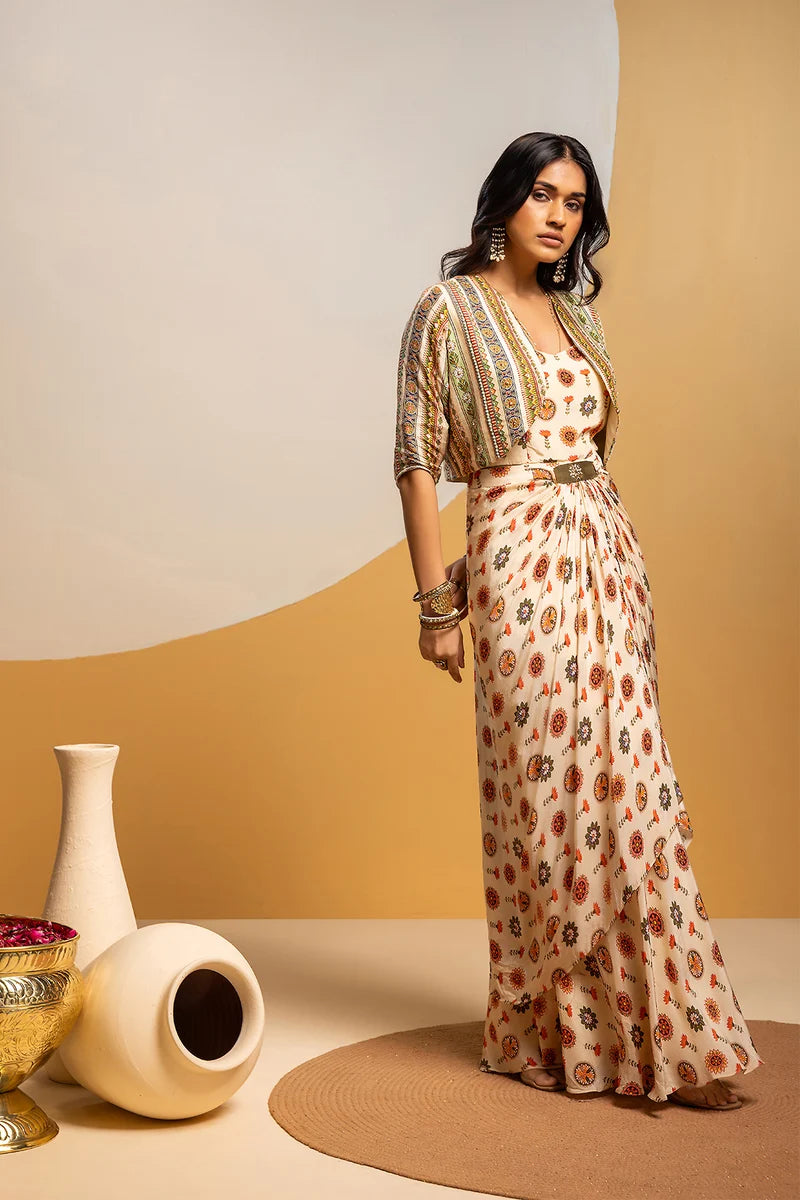 TAARANI EMBELLISHED LONG DRAPE DRESS SET