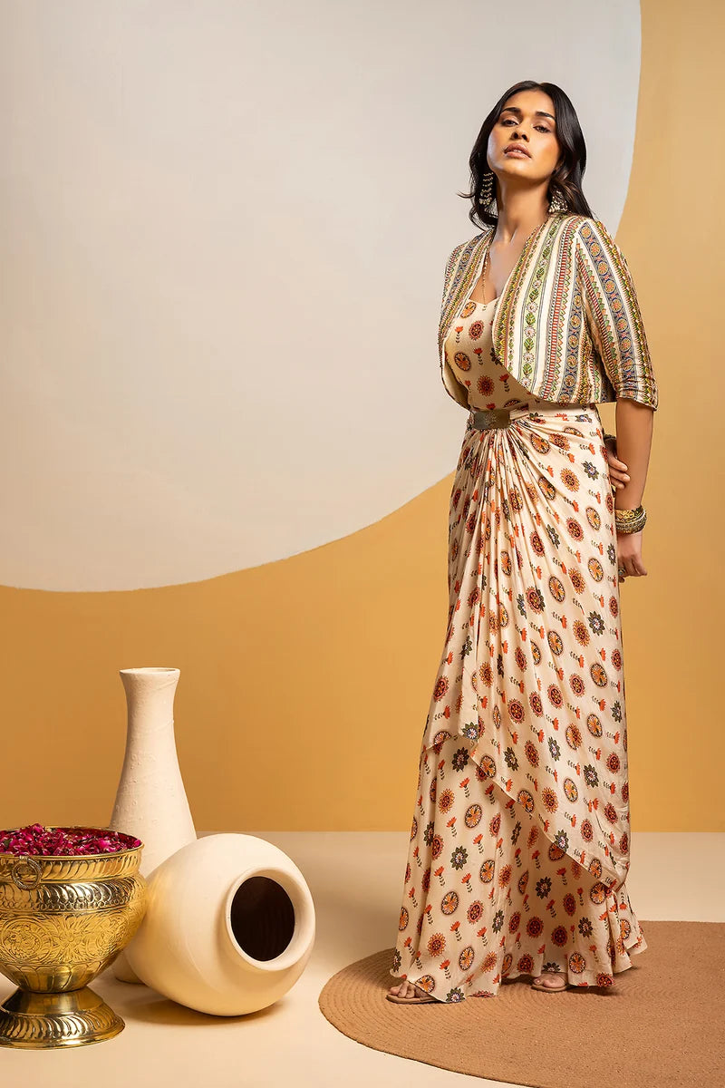 TAARANI EMBELLISHED LONG DRAPE DRESS SET