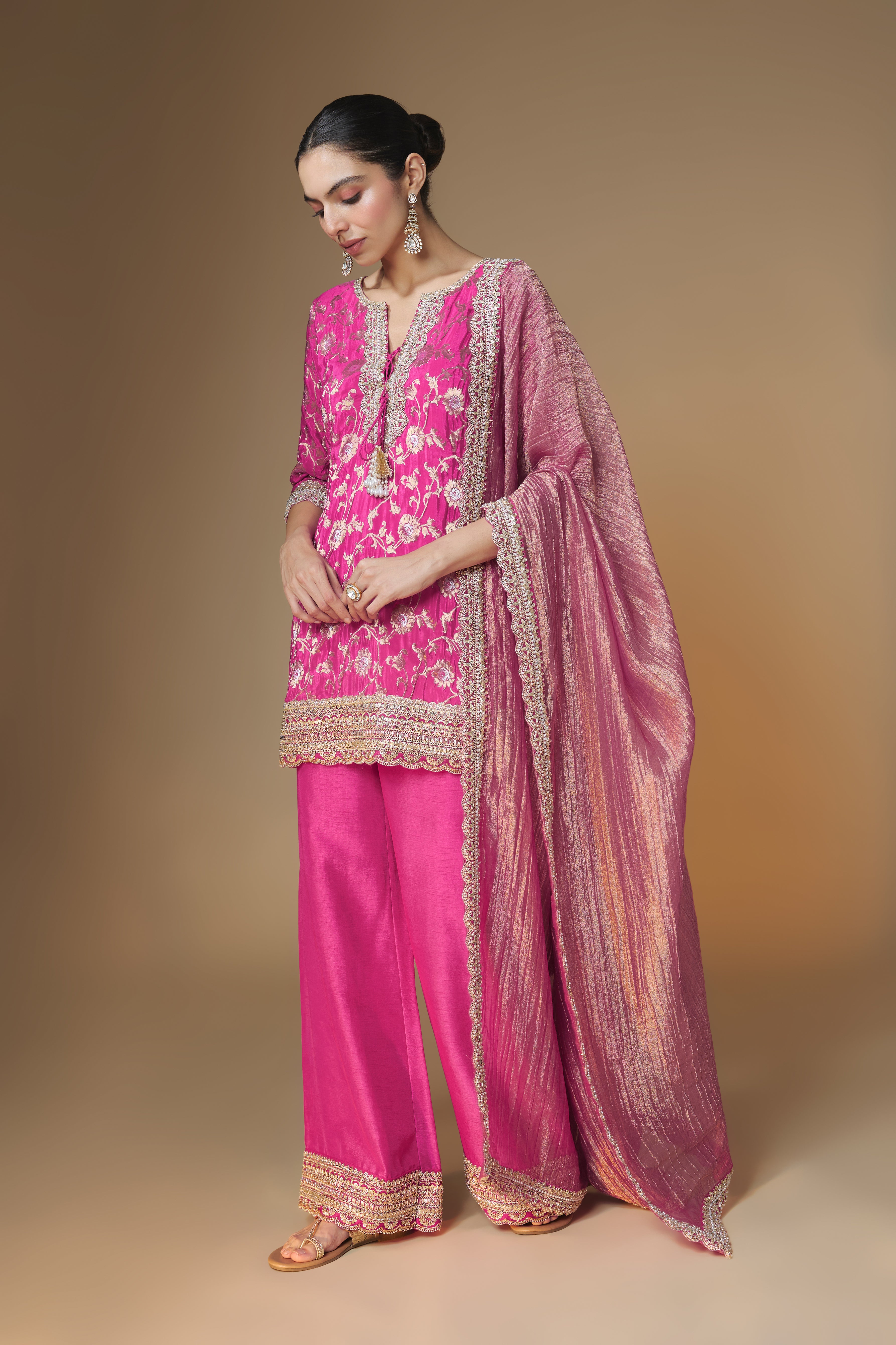 Raspberry pink benarasi jaal kurta with pallazo pants set