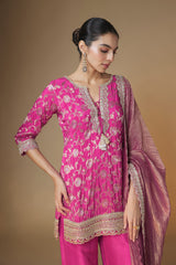 Raspberry pink benarasi jaal kurta with pallazo pants set