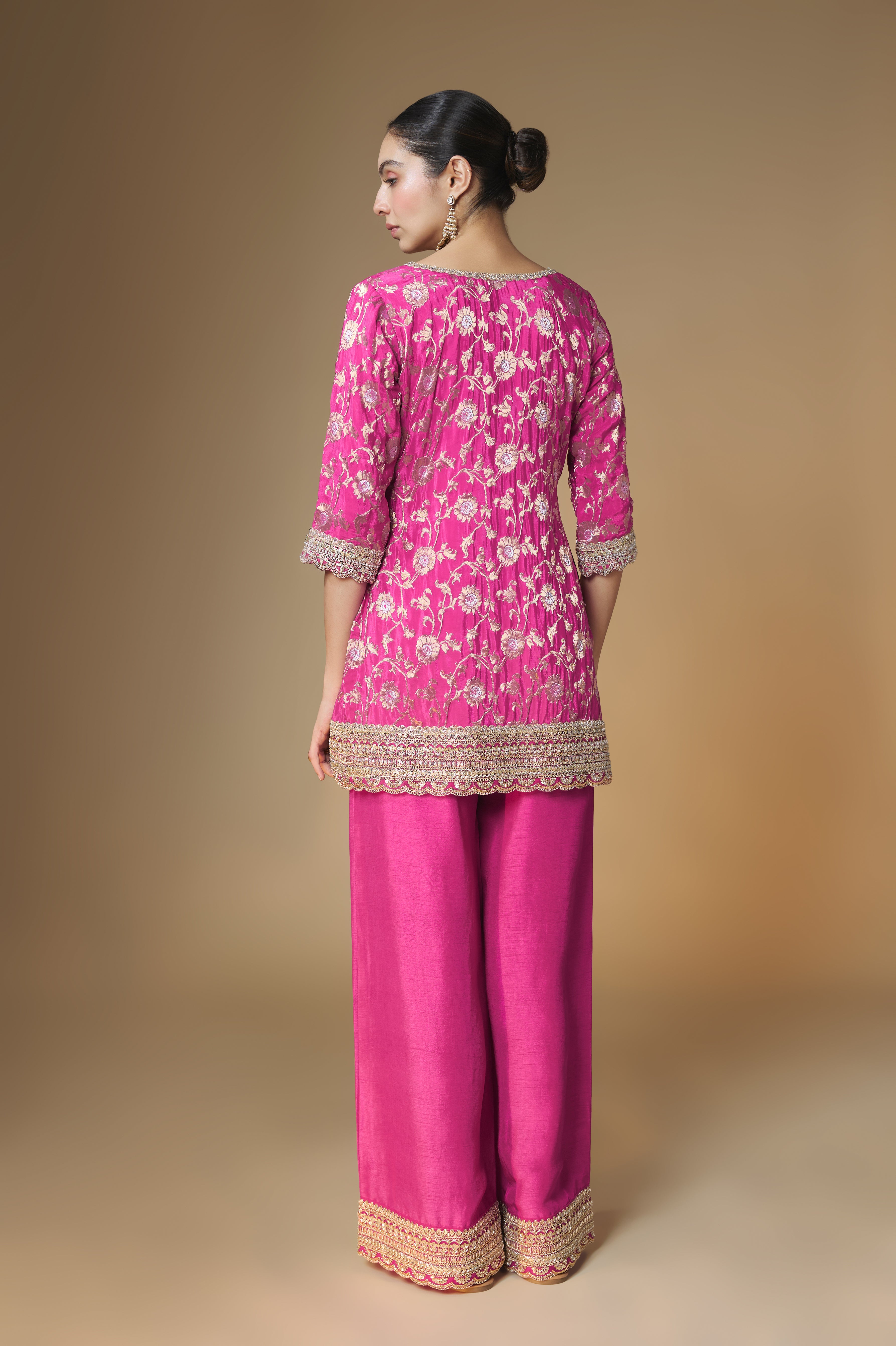 Raspberry pink benarasi jaal kurta with pallazo pants set