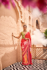 Red Saree with Green Blouse