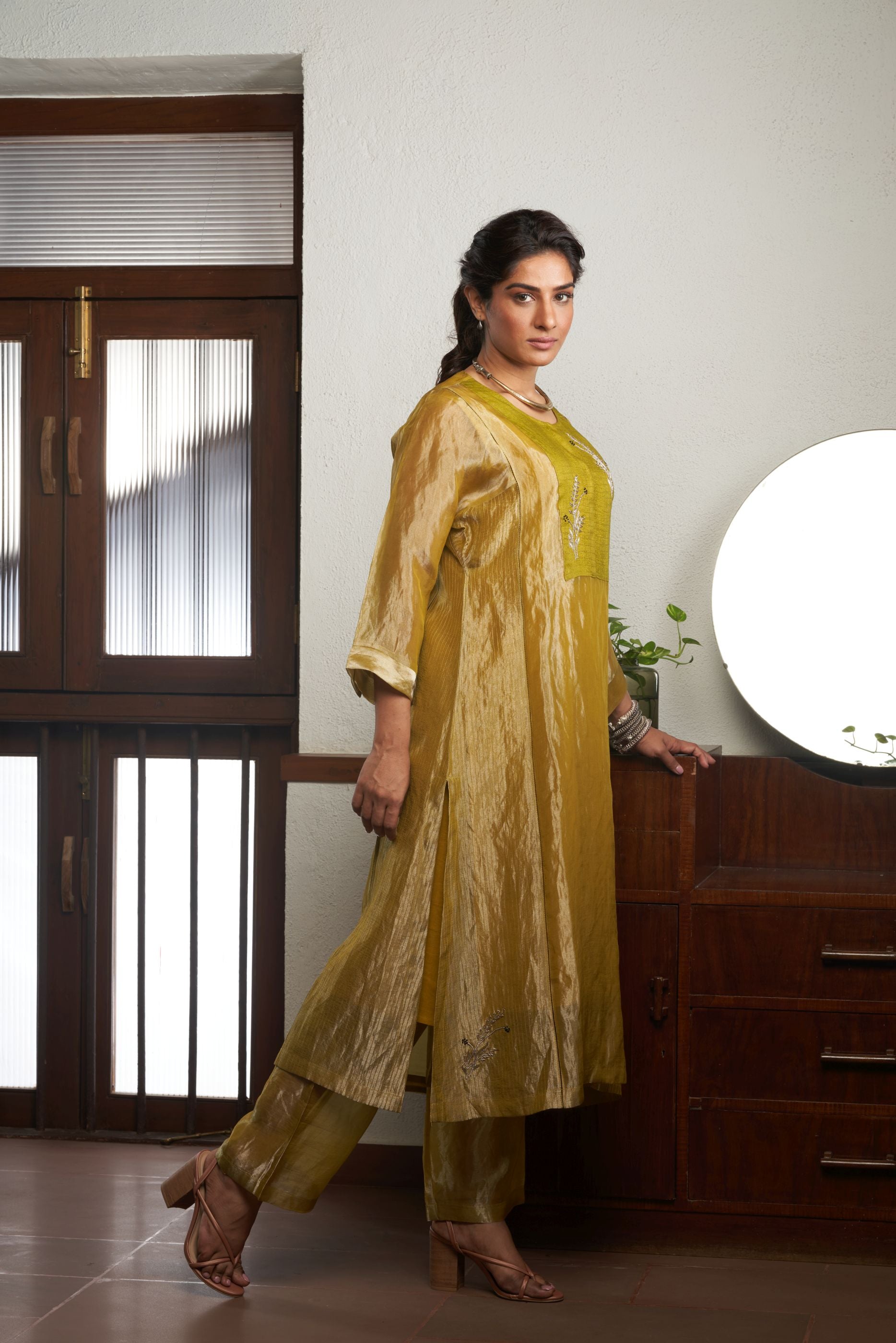 OIL MUSTARD ZARI TISSUE KURTA SET
