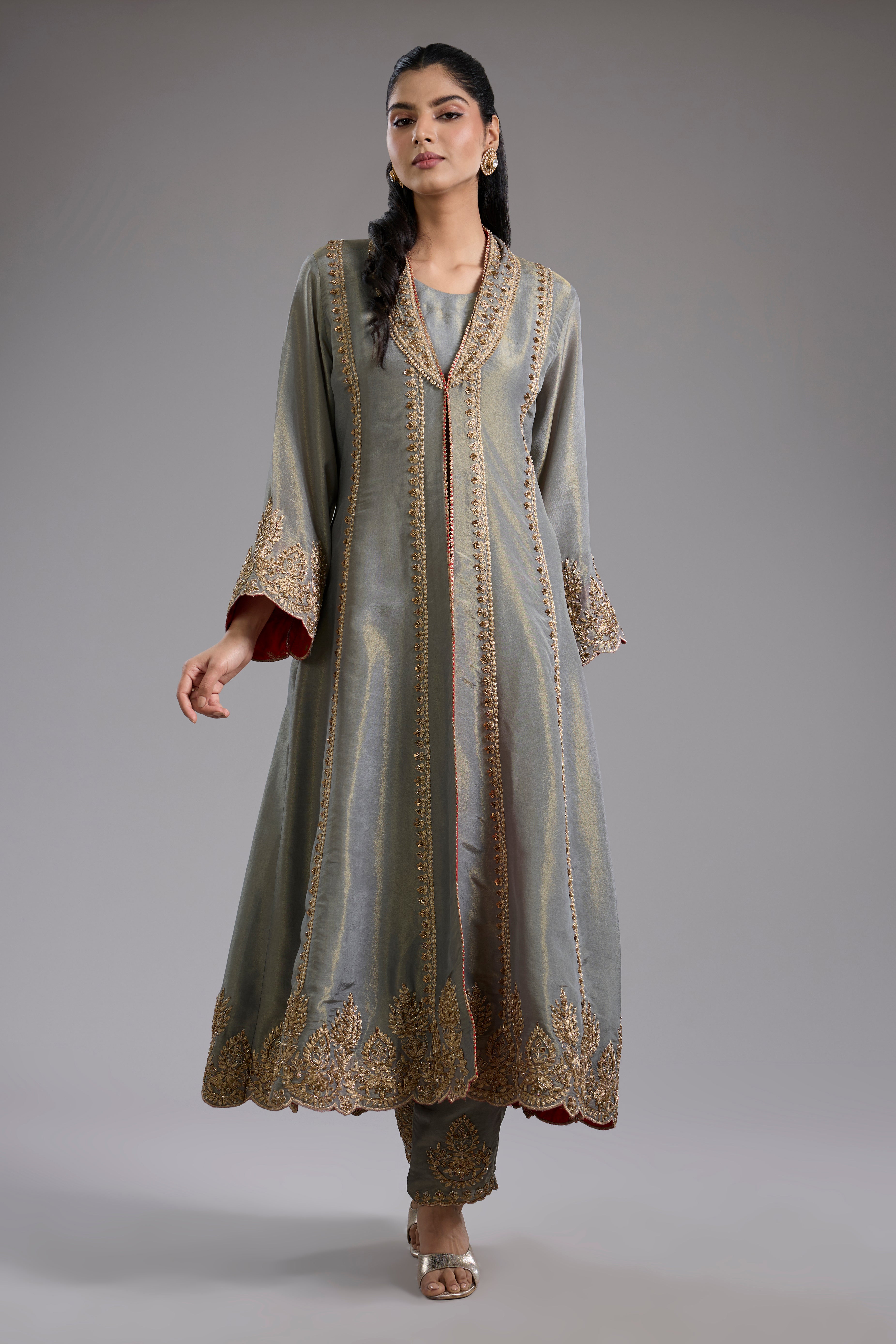 Grey tissue jacket set with dori machine embroidery