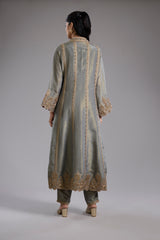 Grey tissue jacket set with dori machine embroidery