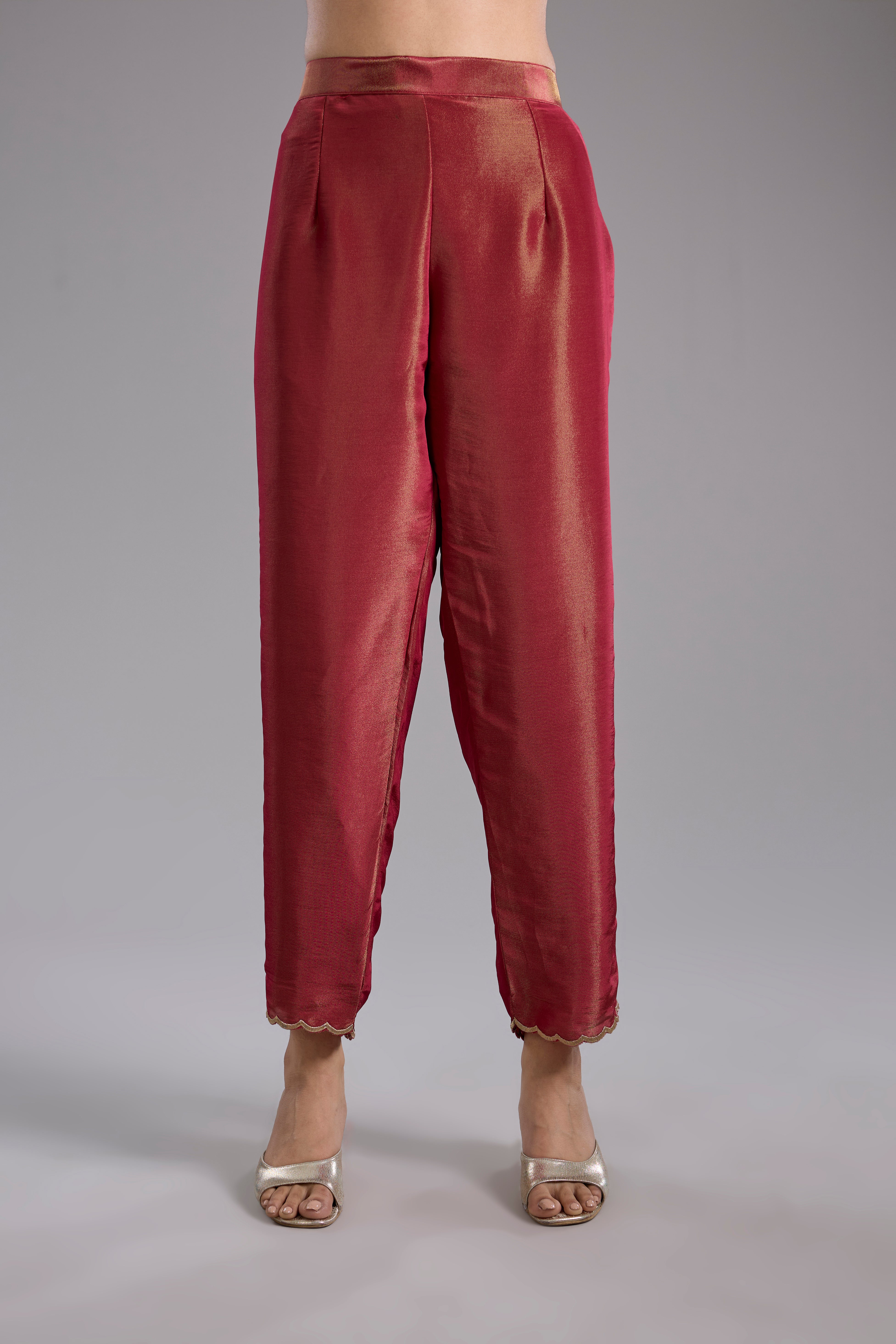 Magenta tissue A-line kurta set with dori machine embroidery