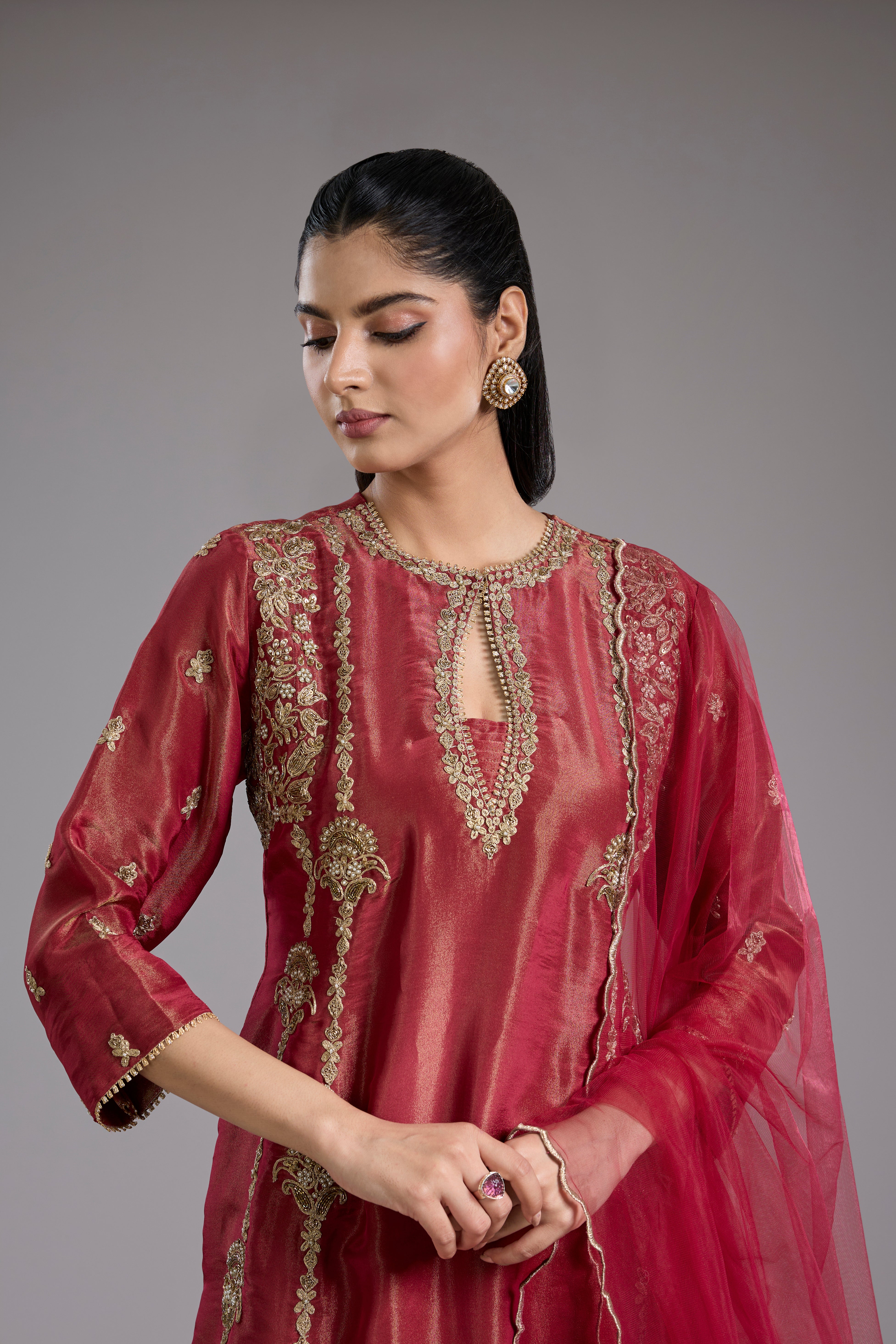 Magenta tissue A-line kurta set with dori machine embroidery