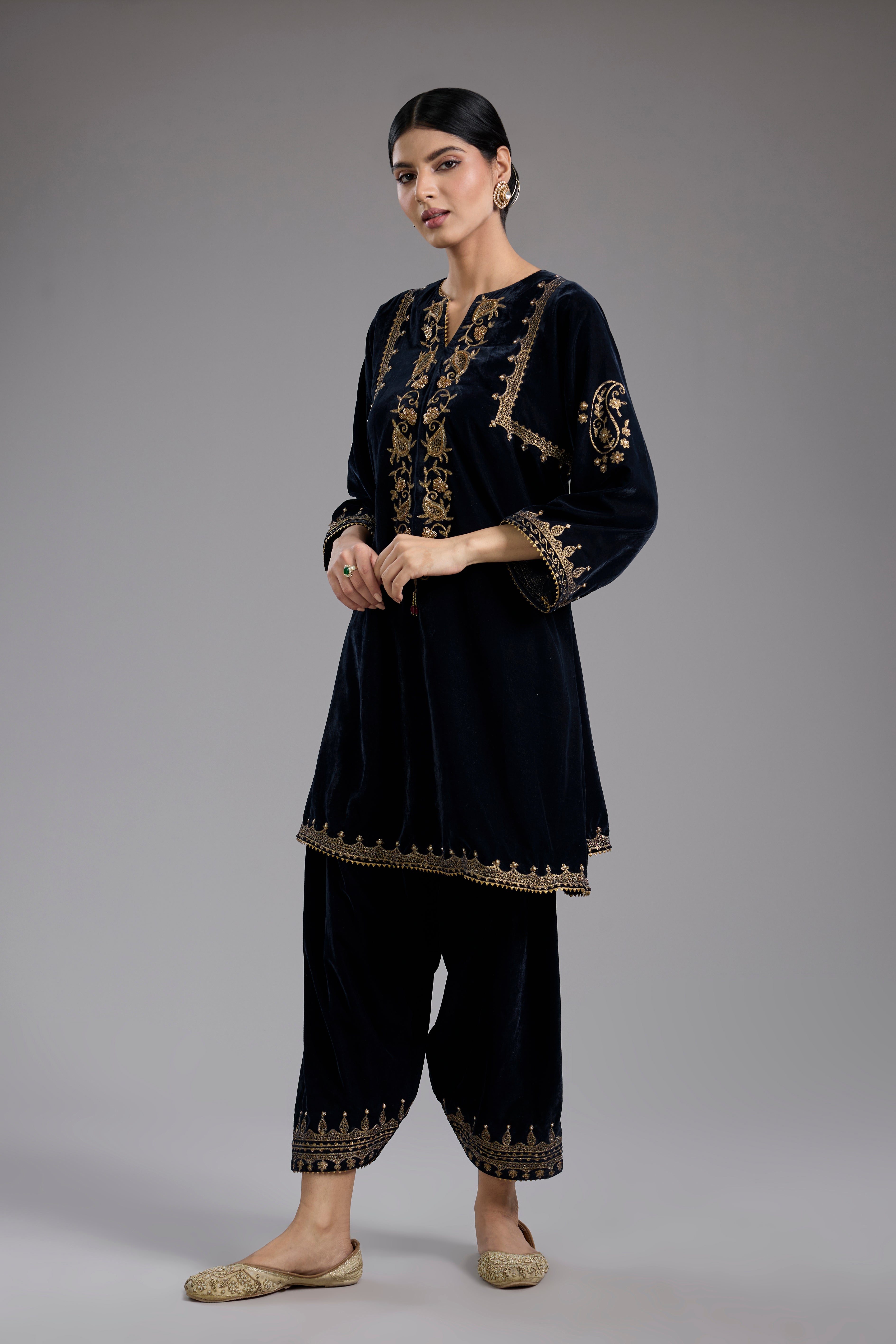Black velvet Aari and hand embroidery kurta set