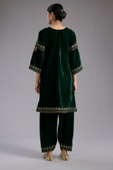 Green velvet Aari and hand embroidery kurta set
