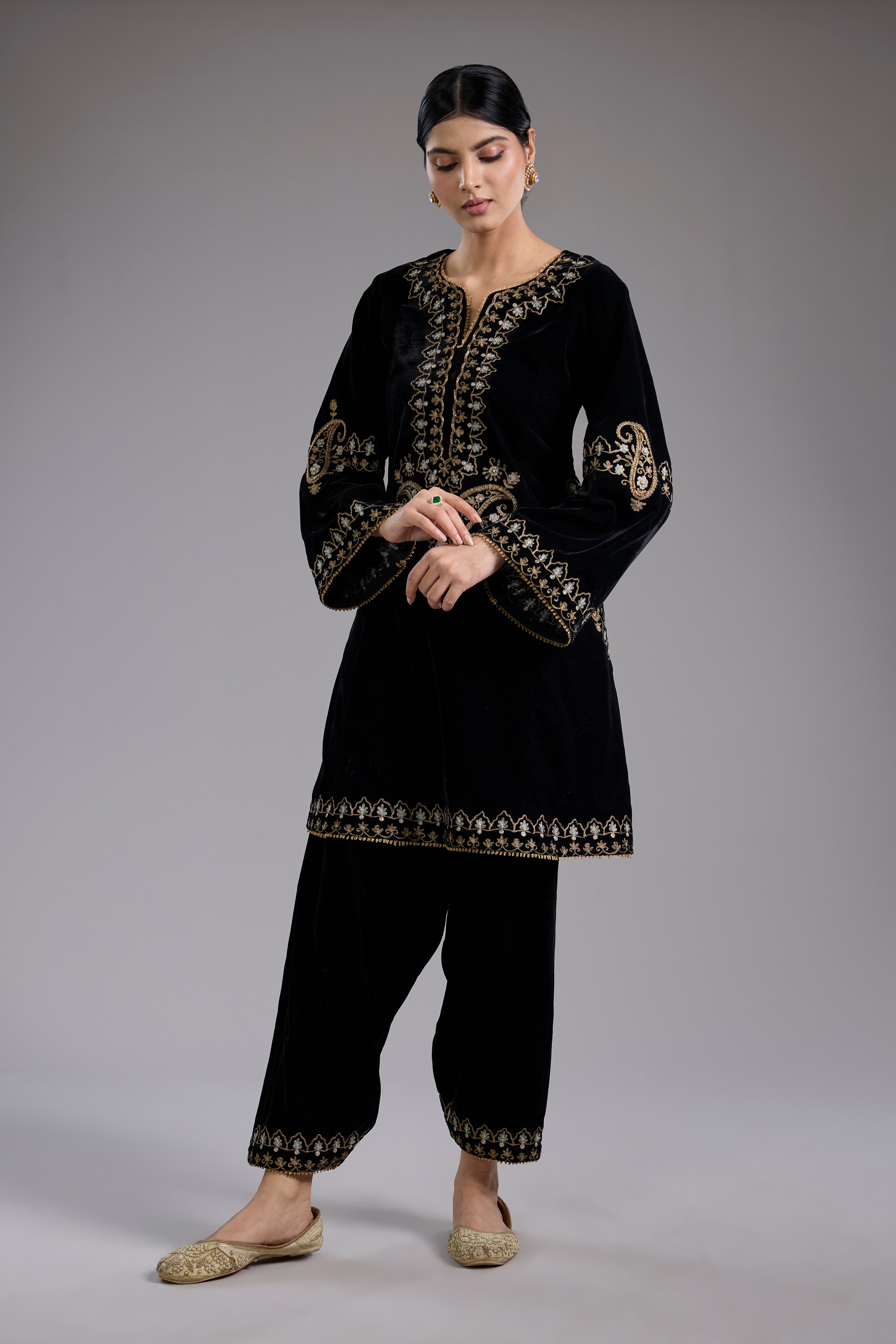 Black velvet Aari and hand embroidery kurta set