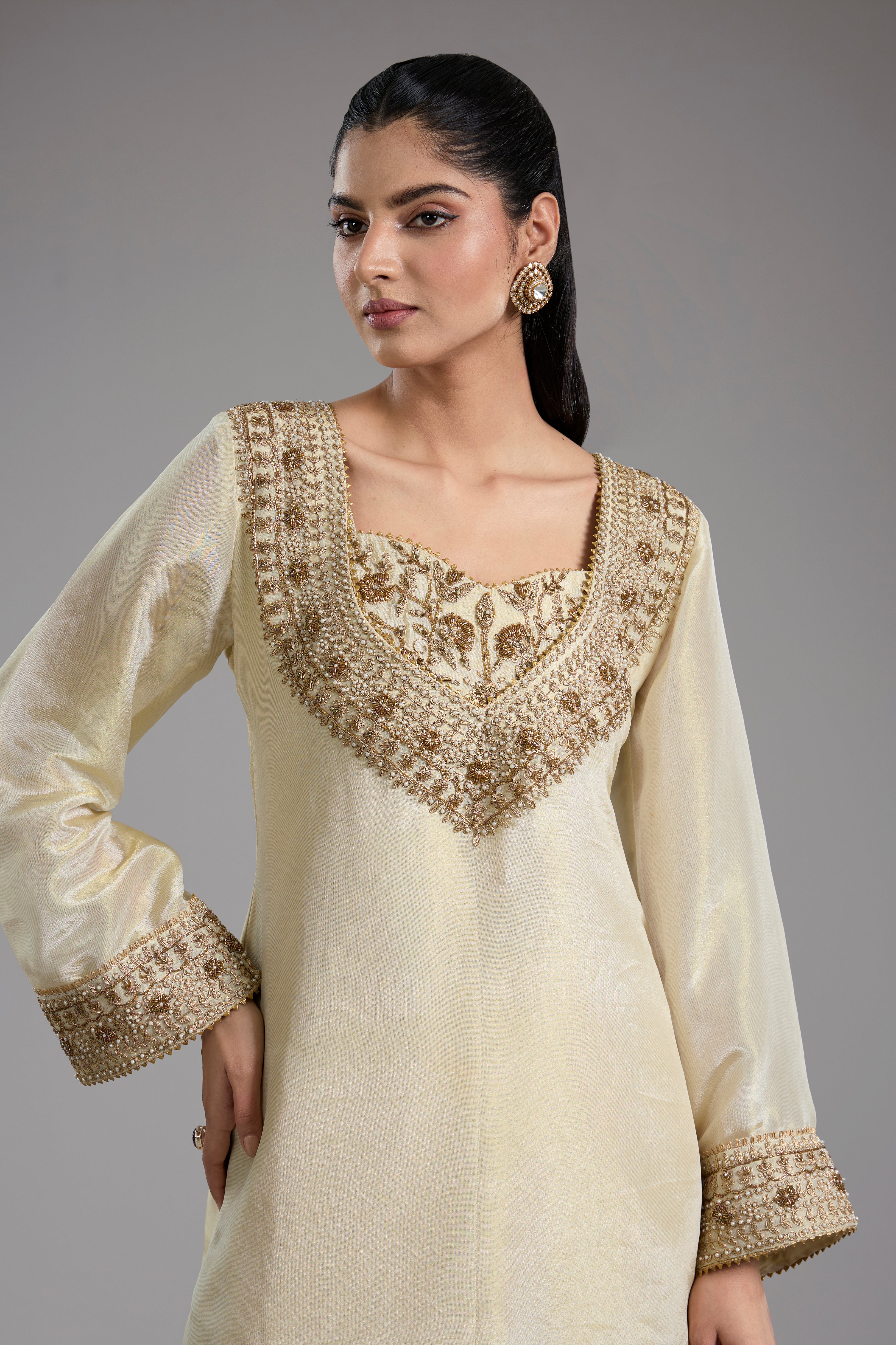 Ivory tissue dori hand embroidery sharara set
