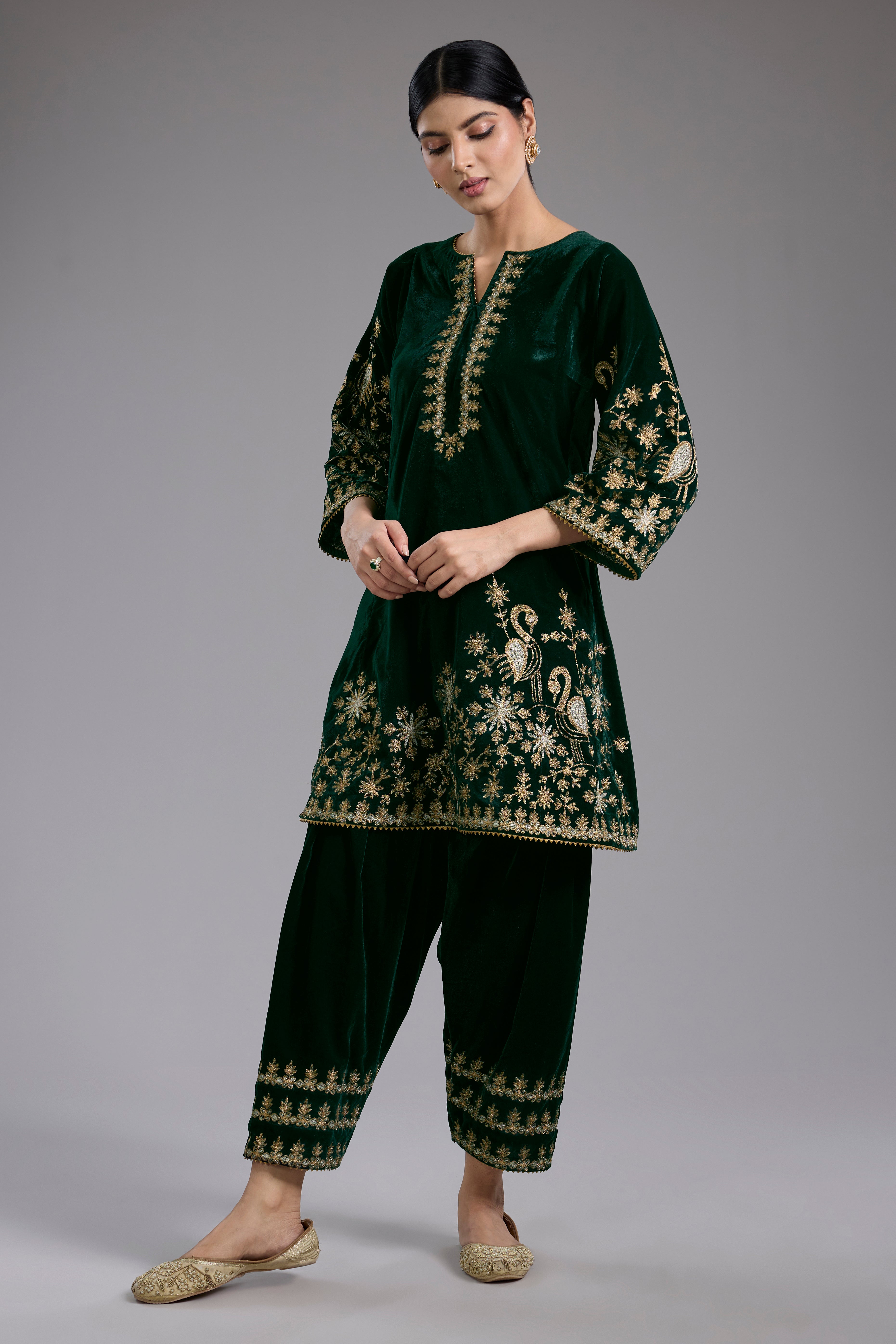 Green velvet Aari and hand embroidery kurta set