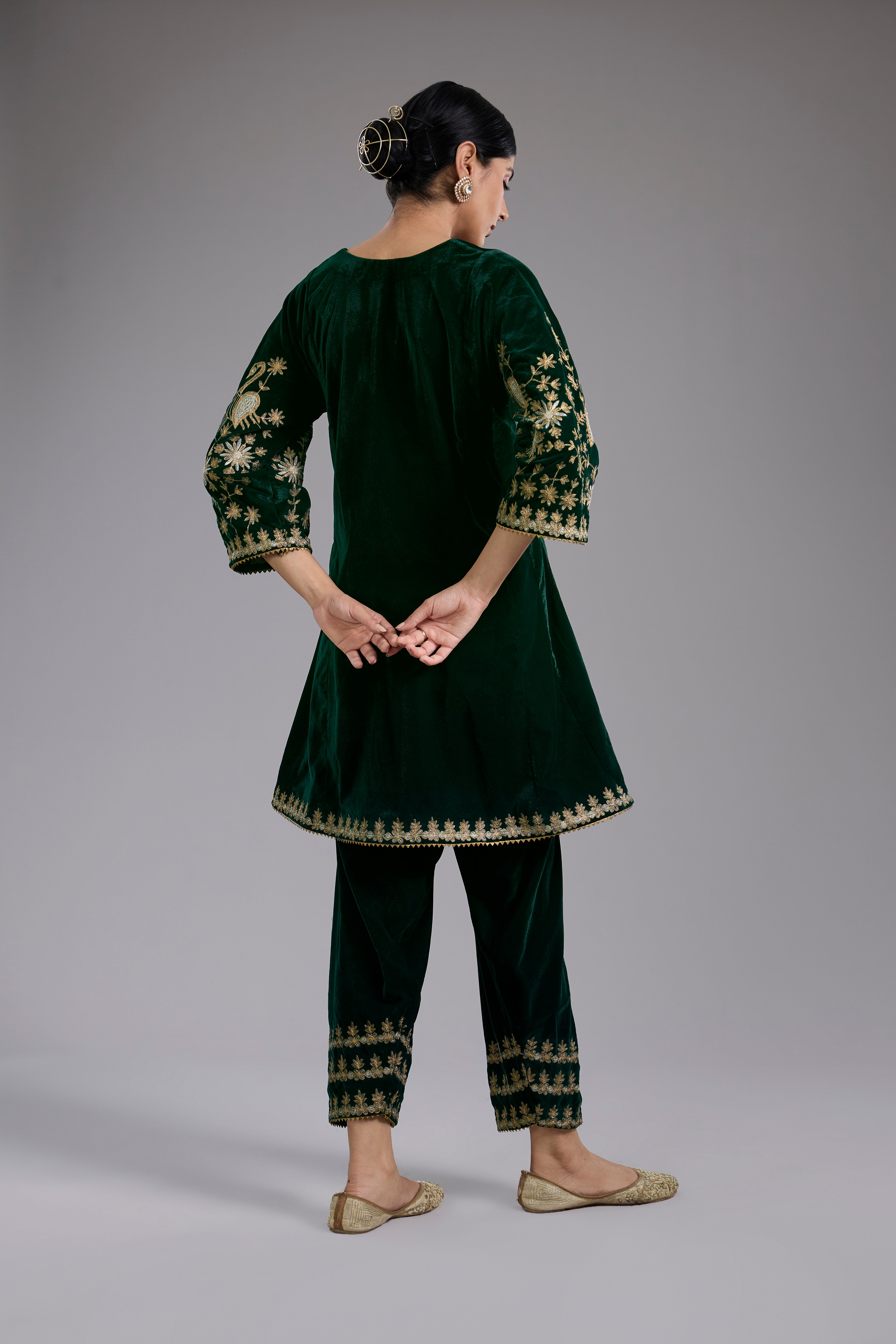 Green velvet Aari and hand embroidery kurta set